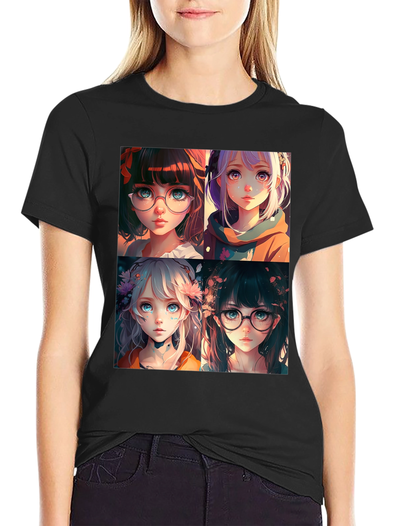 Anime Girls Graphic Black T-Shirt