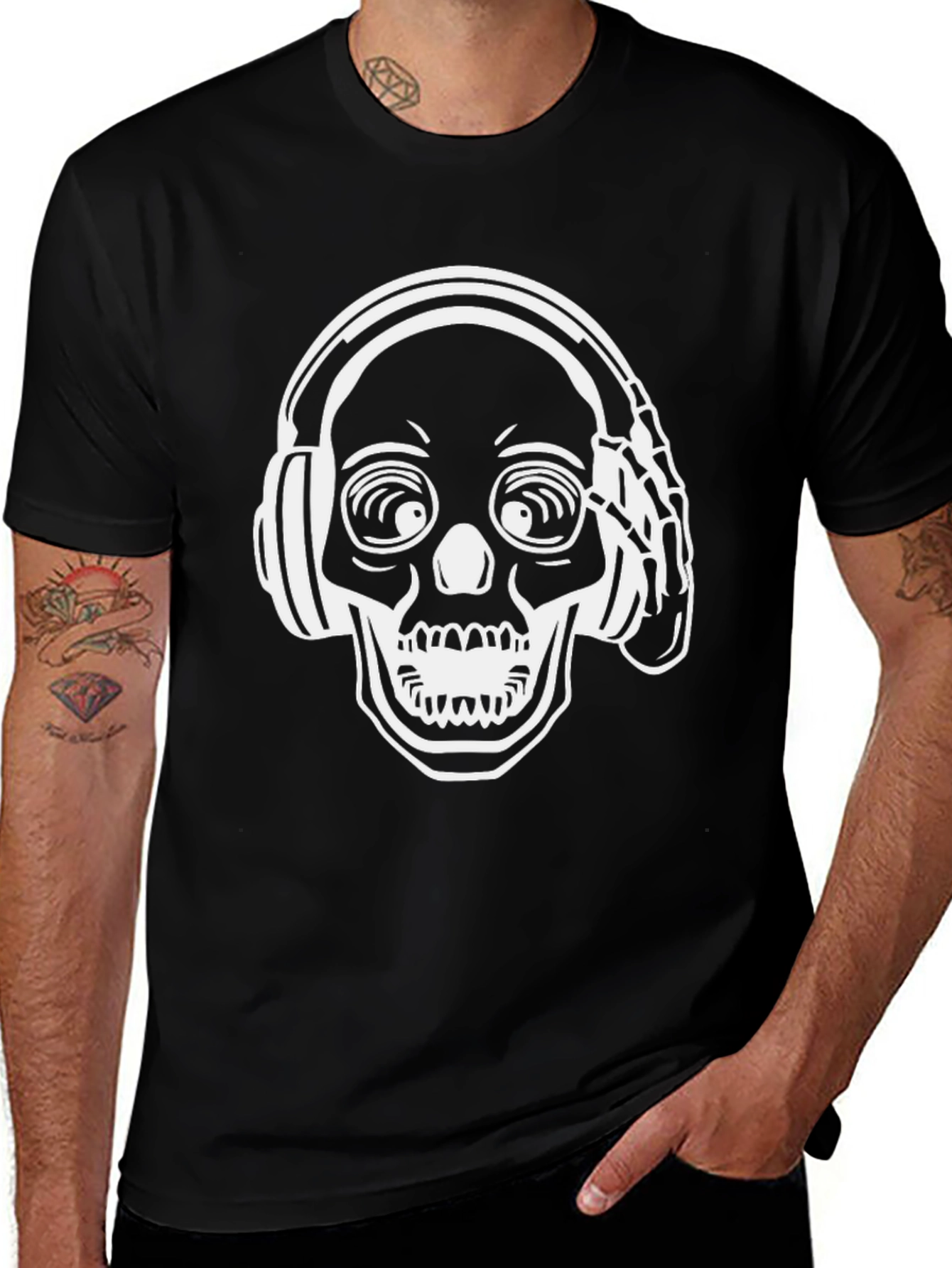 Skull with Headphones Graphic Tee - Black Cotton Blend