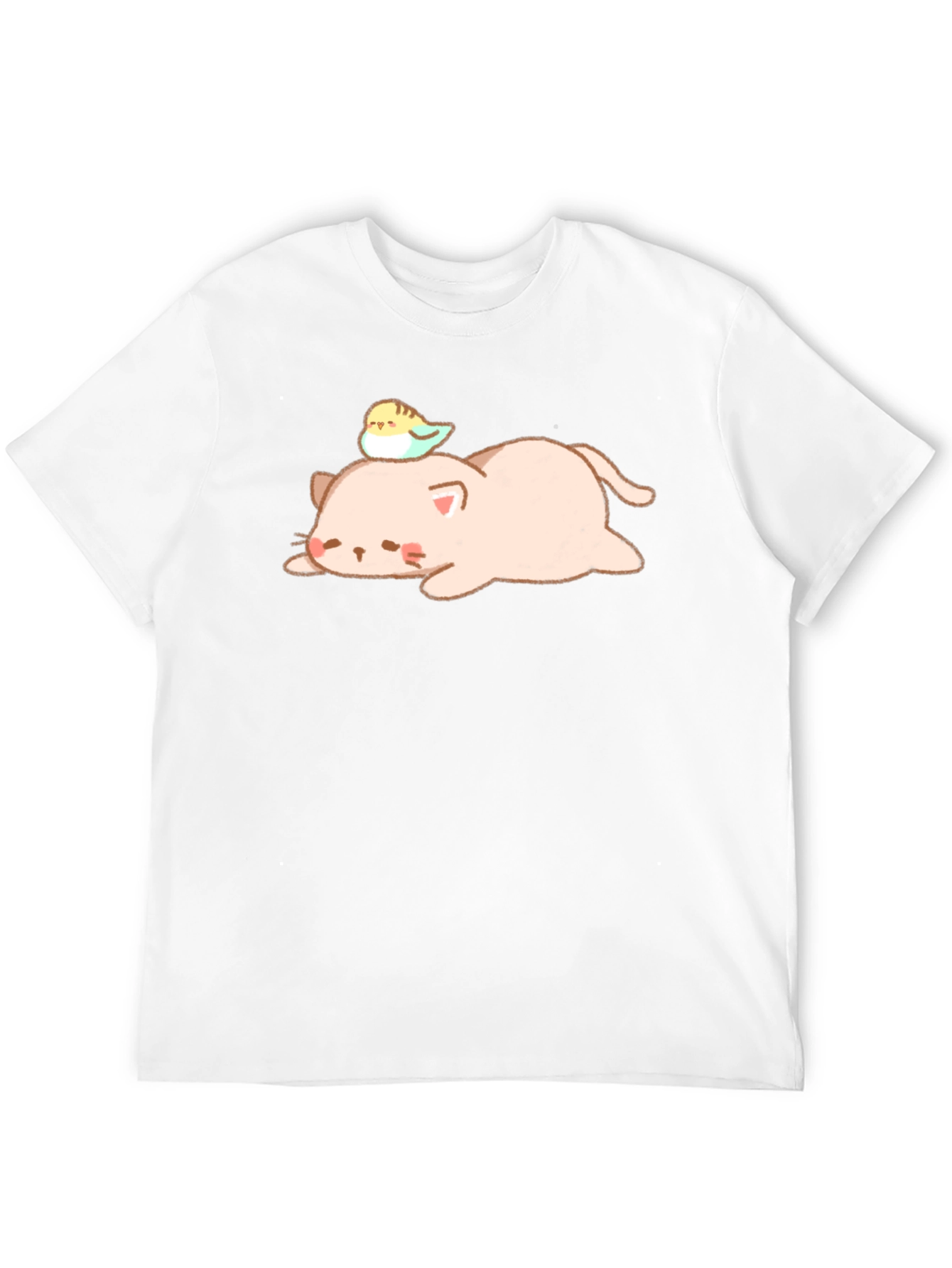 Cute Cat and Bird Black T-Shirt