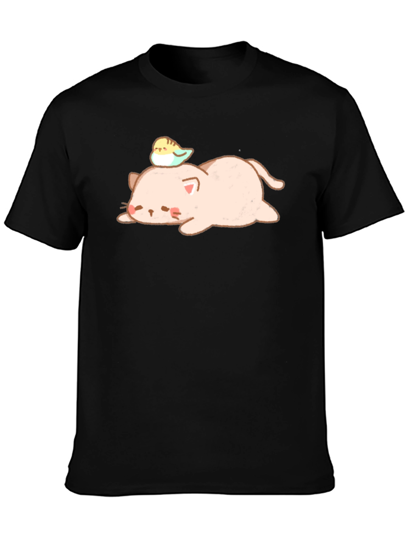 Cute Cat and Bird Black T-Shirt