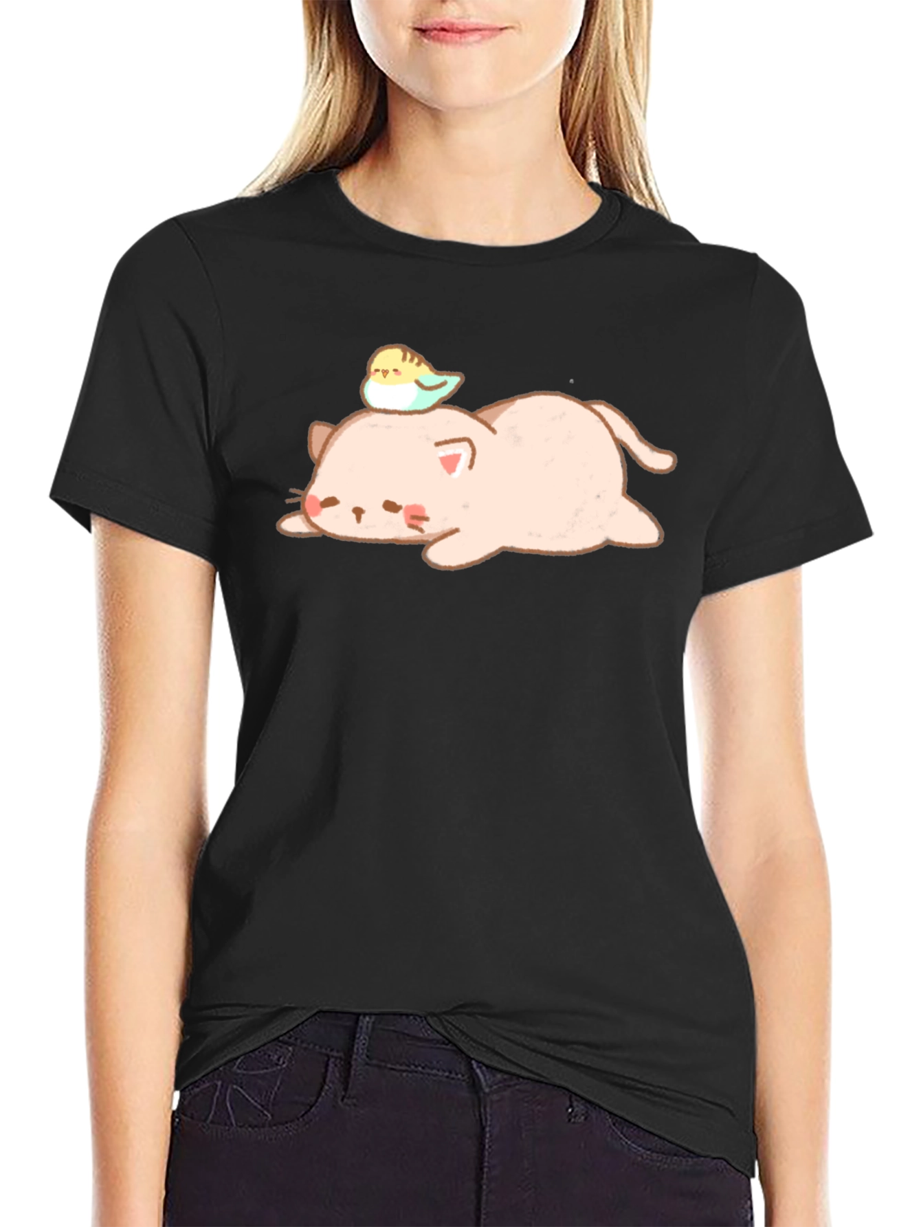 Cute Cat and Bird Black T-Shirt