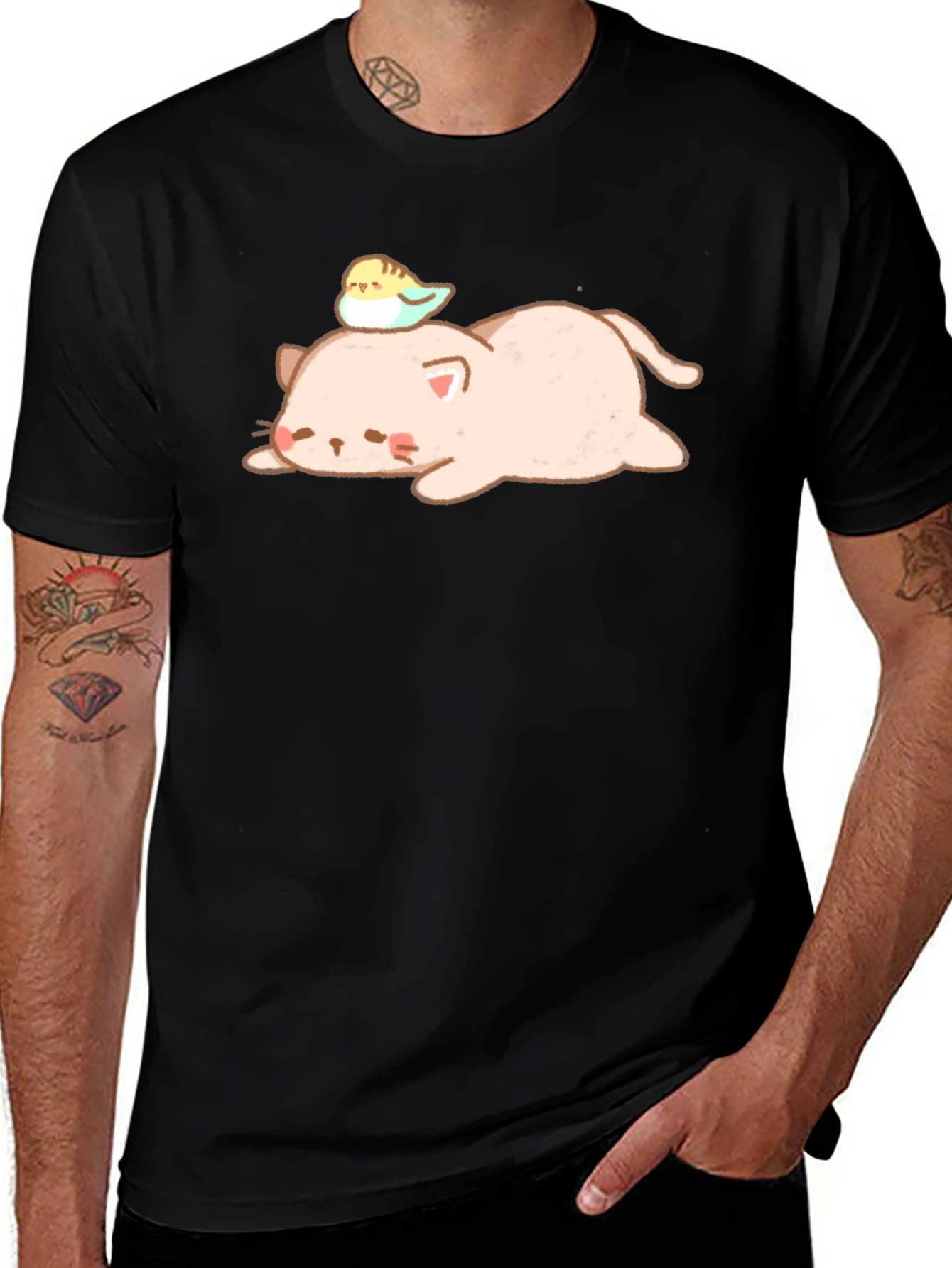 Cute Cat and Bird Black T-Shirt