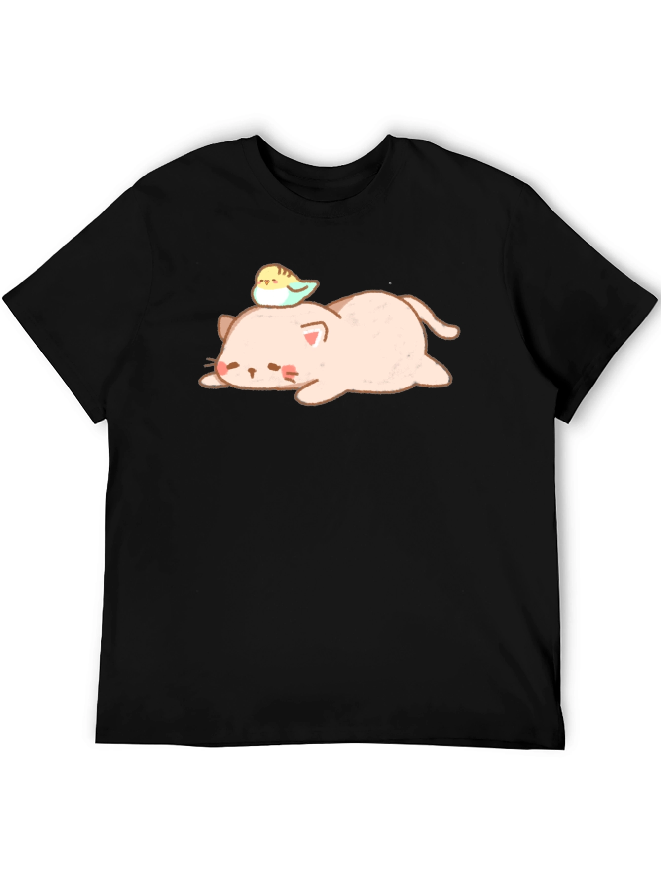 Cute Cat and Bird Black T-Shirt