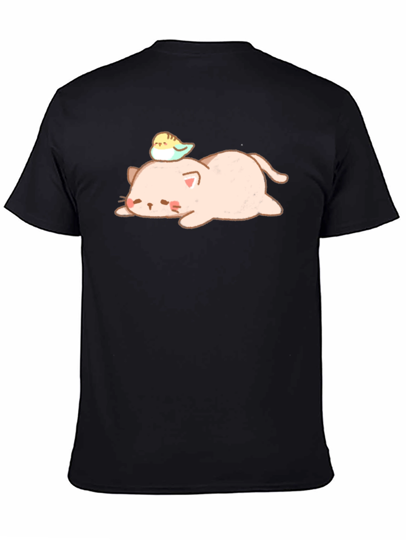 Cute Cat and Bird Black T-Shirt