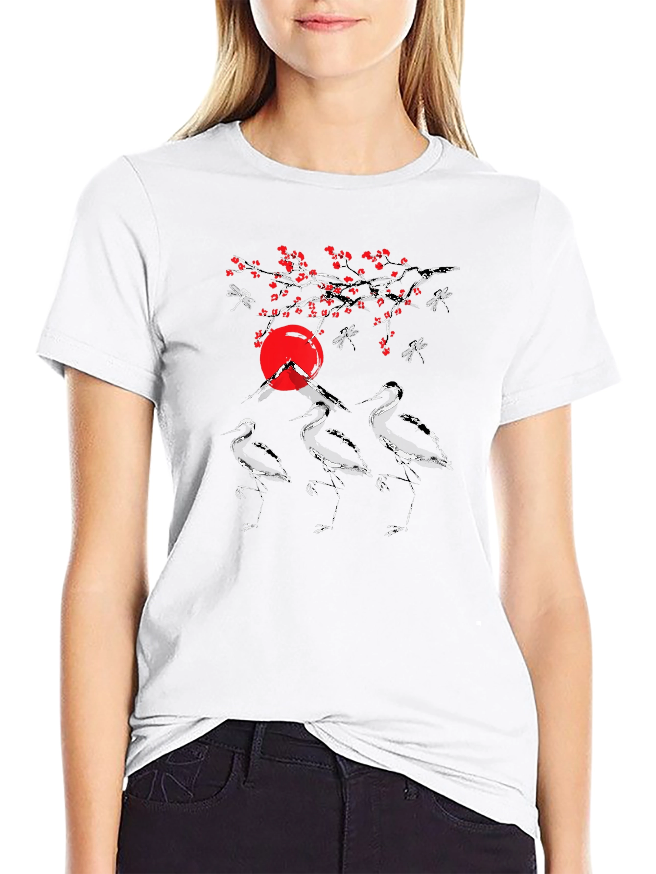 Graphic Tee: Japanese Crane Design Black T-Shirt