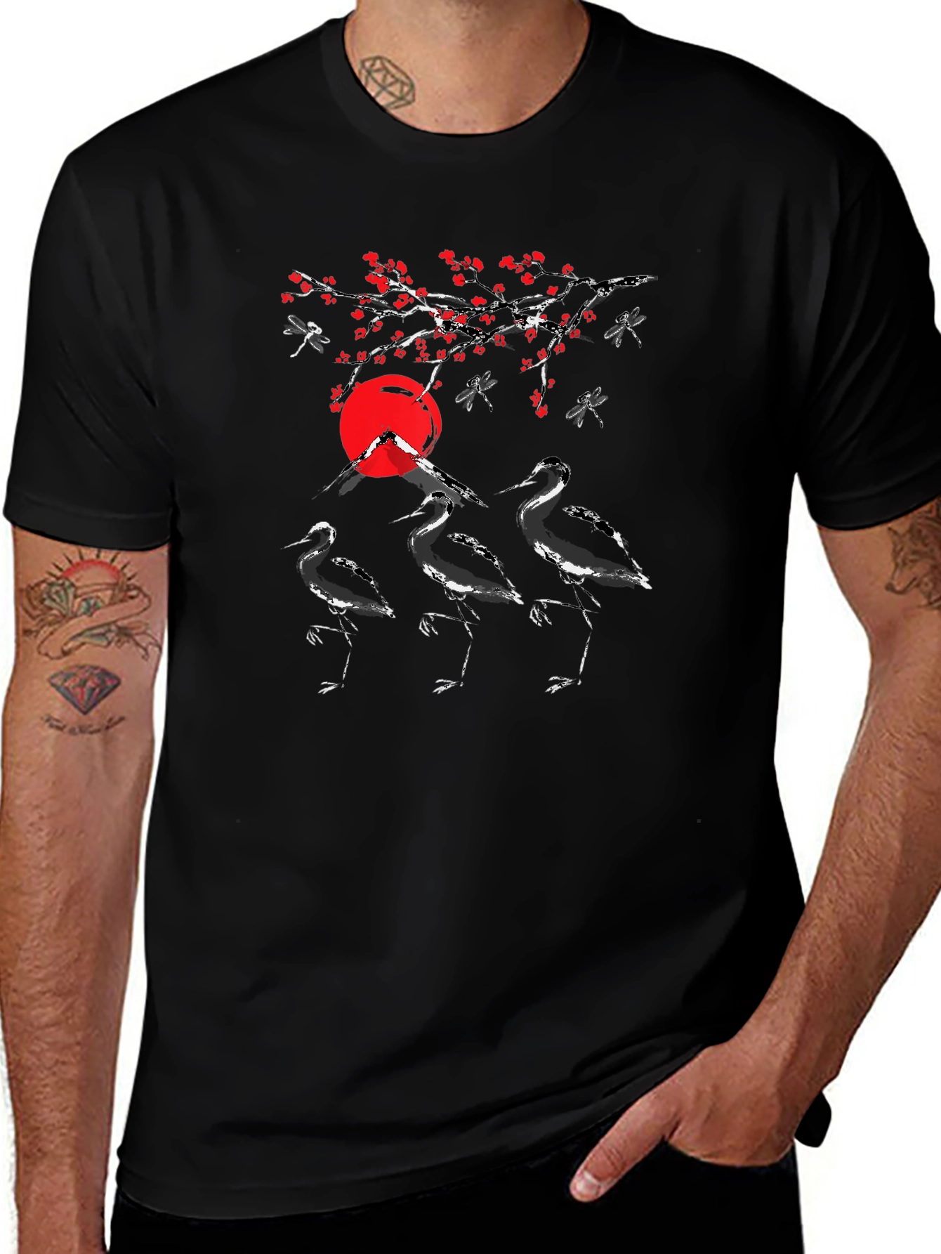 Graphic Tee: Japanese Crane Design Black T-Shirt
