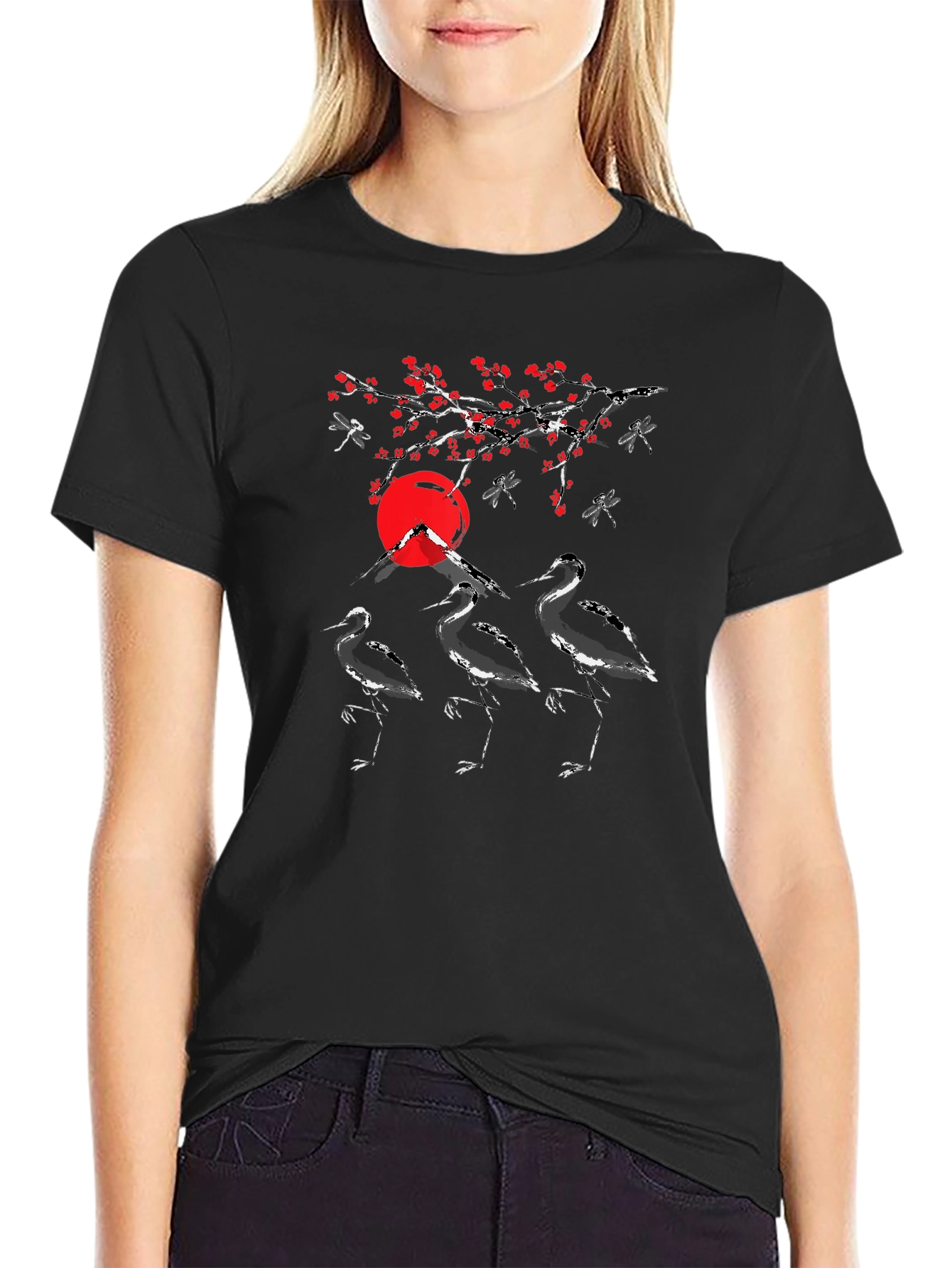 Graphic Tee: Japanese Crane Design Black T-Shirt