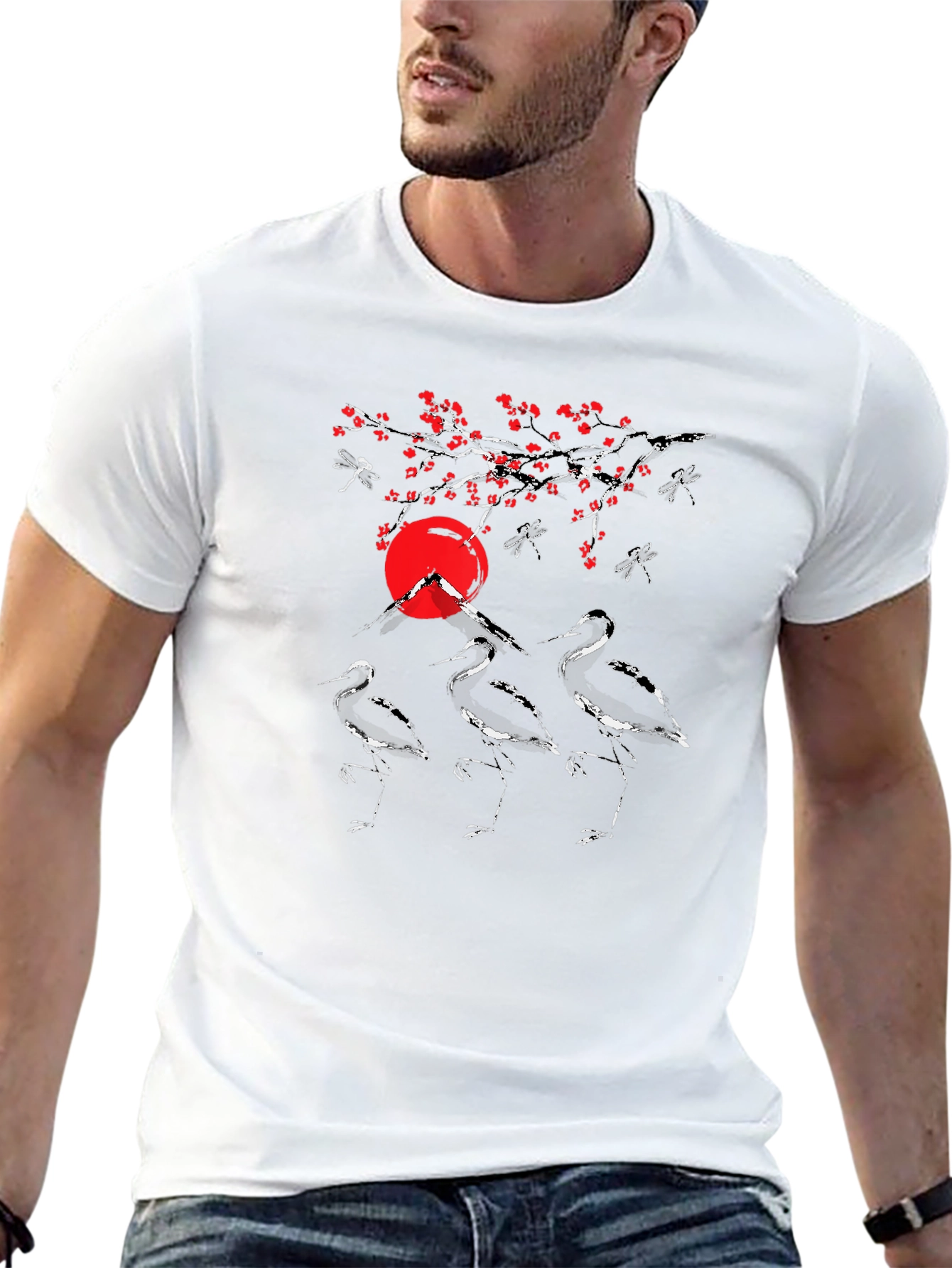 Graphic Tee: Japanese Crane Design Black T-Shirt
