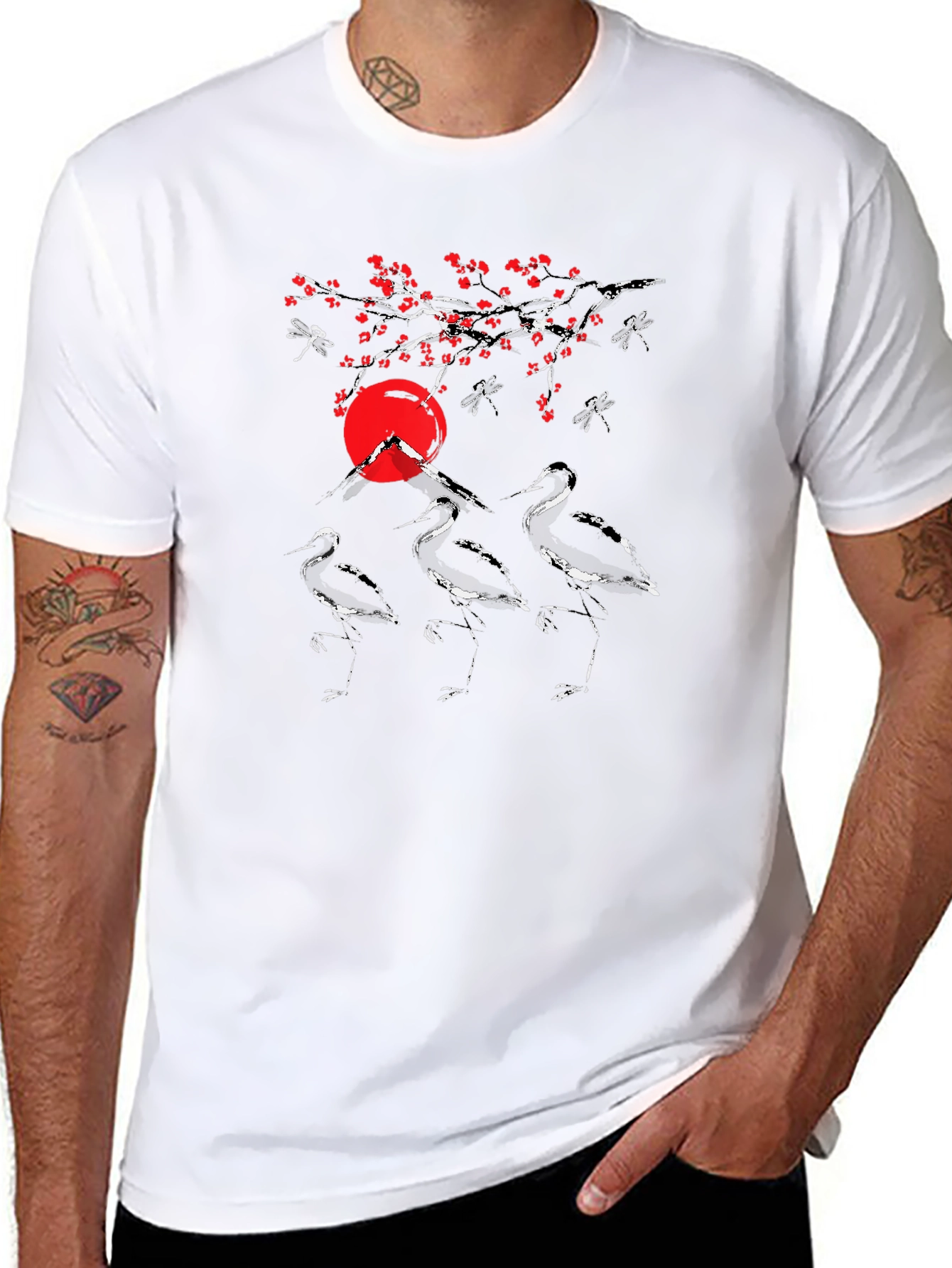 Graphic Tee: Japanese Crane Design Black T-Shirt