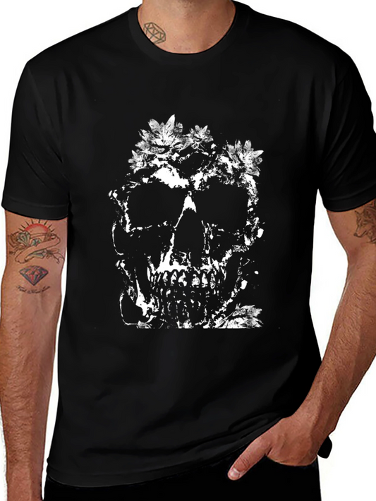 Floral Skull Graphic Tee - Black Cotton T-Shirt