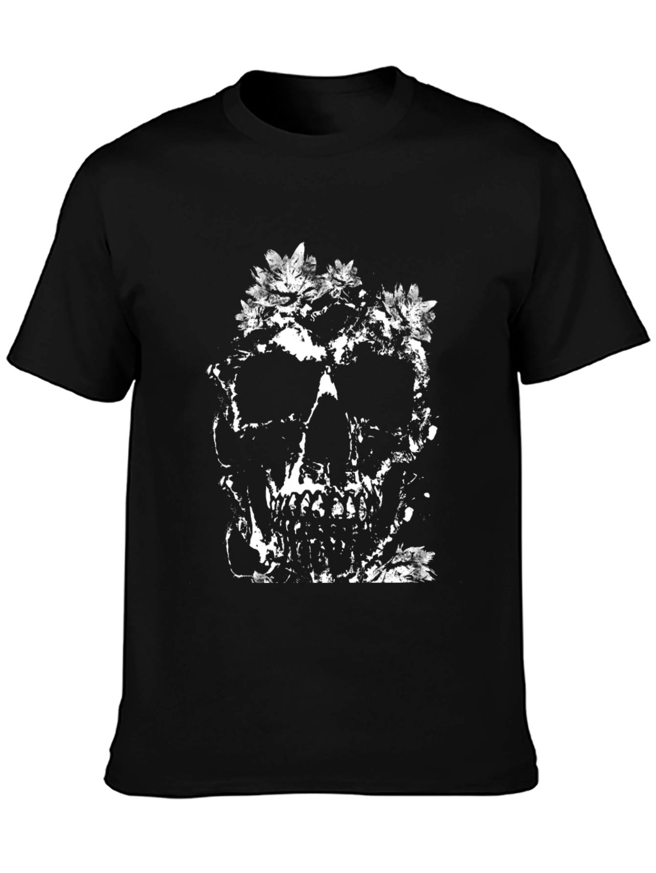 Floral Skull Graphic Tee - Black Cotton T-Shirt