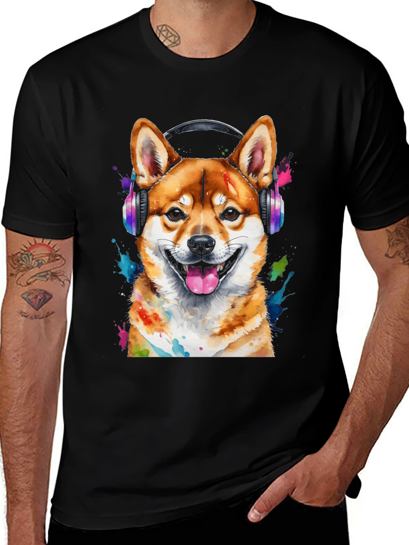 Dog with Headphones Graphic Tee - Shiba Inu Design