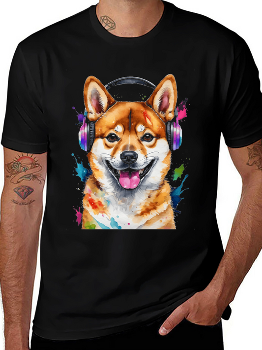 Dog with Headphones Graphic Tee - Shiba Inu Design