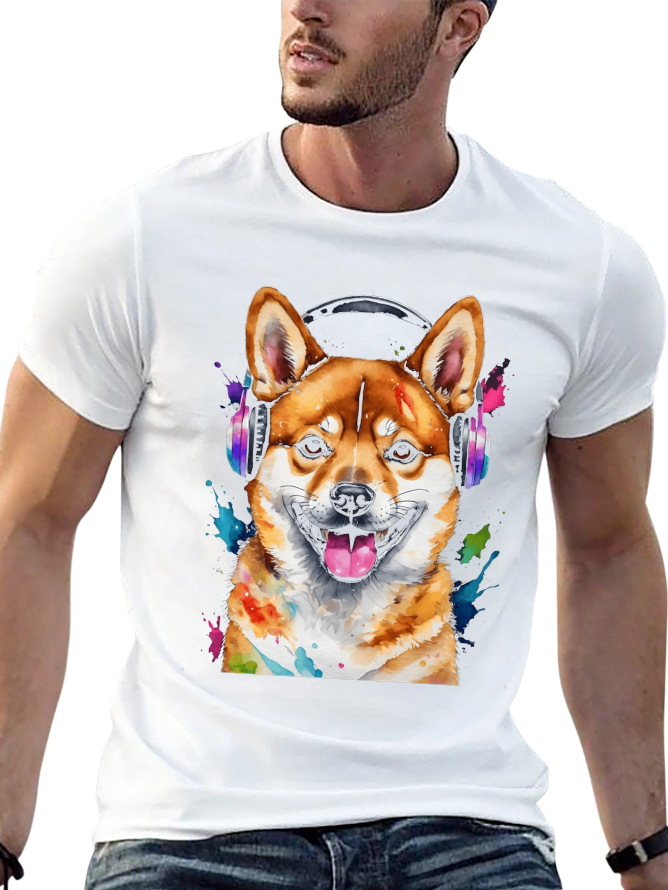 Dog with Headphones Graphic Tee - Shiba Inu Design