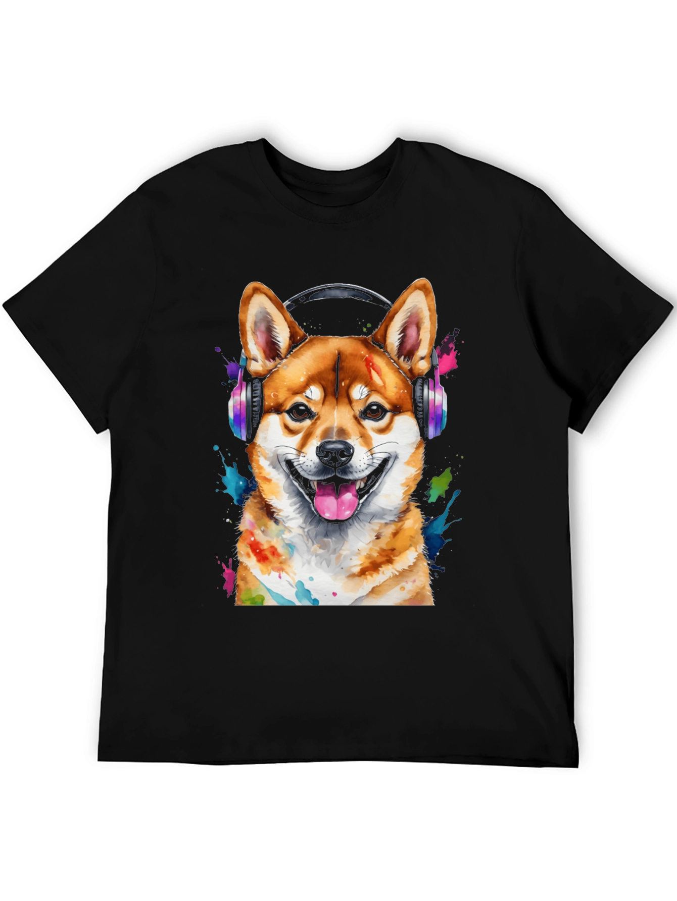 Dog with Headphones Graphic Tee - Shiba Inu Design