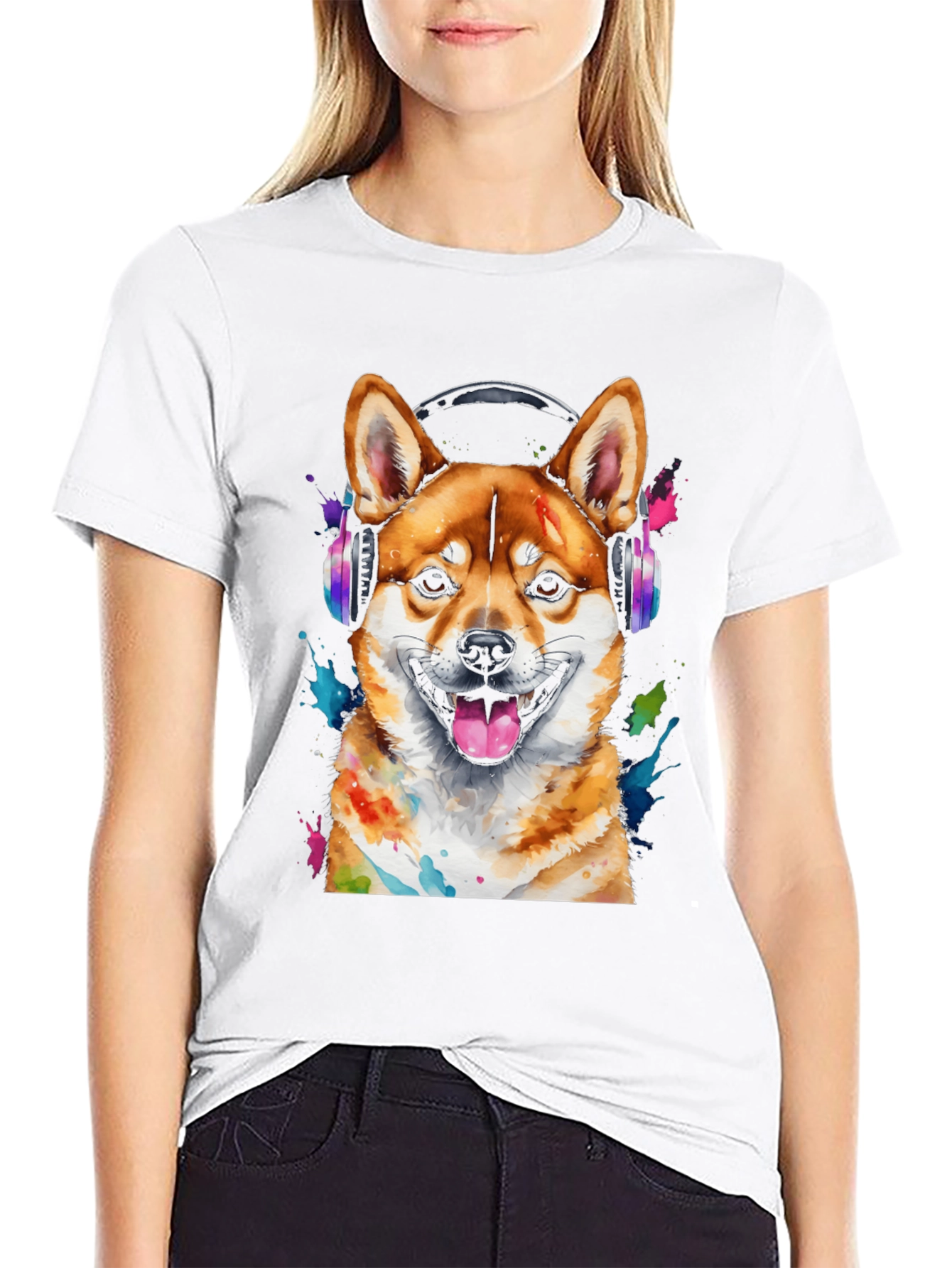 Dog with Headphones Graphic Tee - Shiba Inu Design