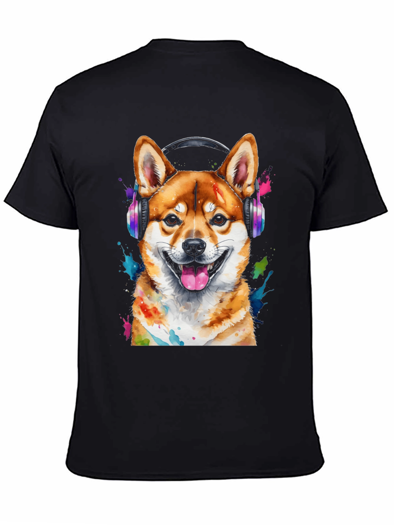 Dog with Headphones Graphic Tee - Shiba Inu Design