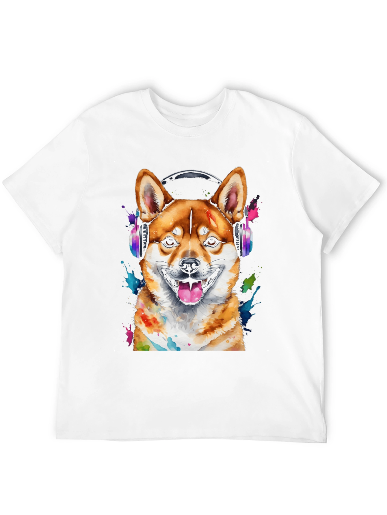 Dog with Headphones Graphic Tee - Shiba Inu Design
