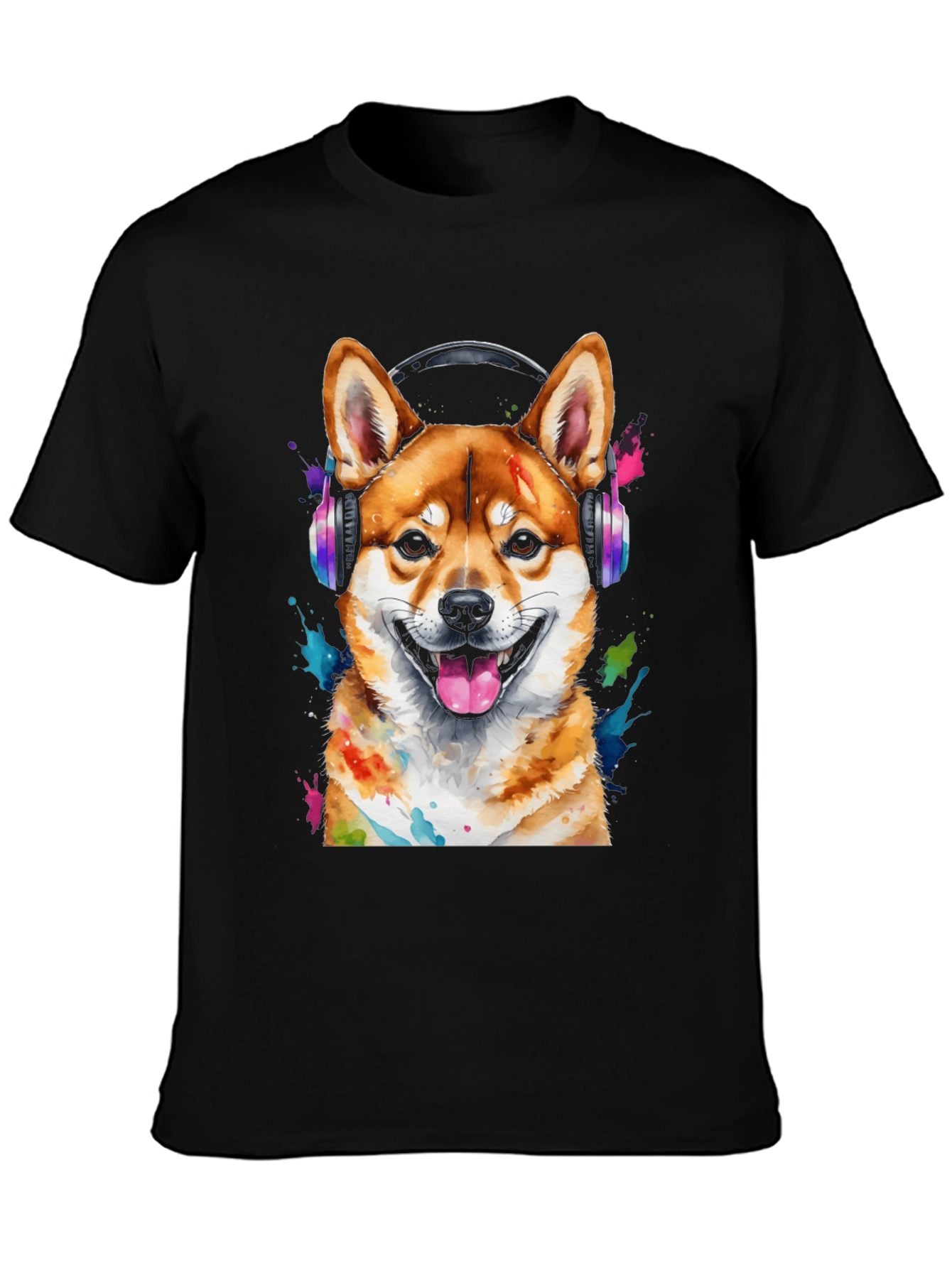 Dog with Headphones Graphic Tee - Shiba Inu Design