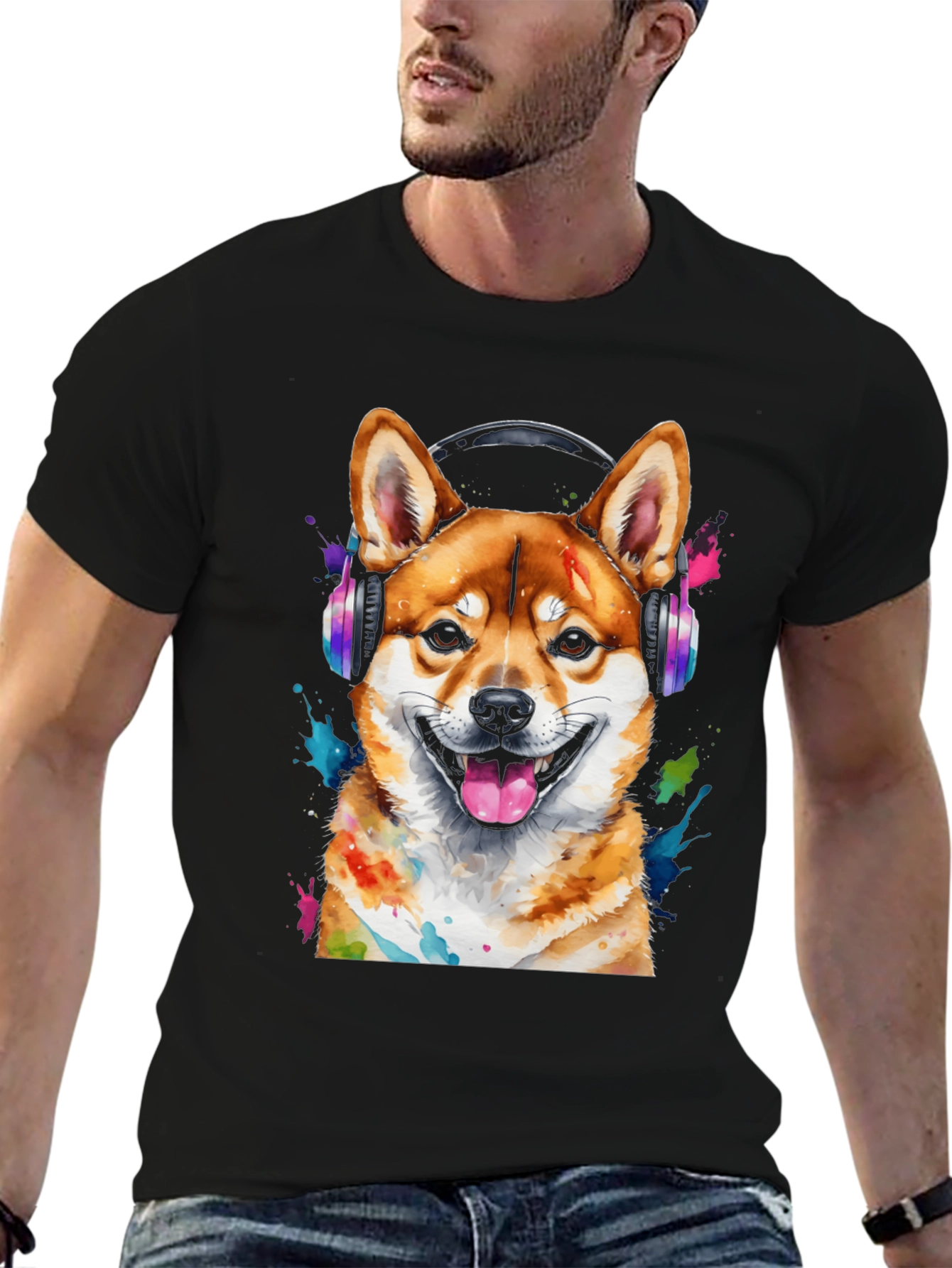 Dog with Headphones Graphic Tee - Shiba Inu Design