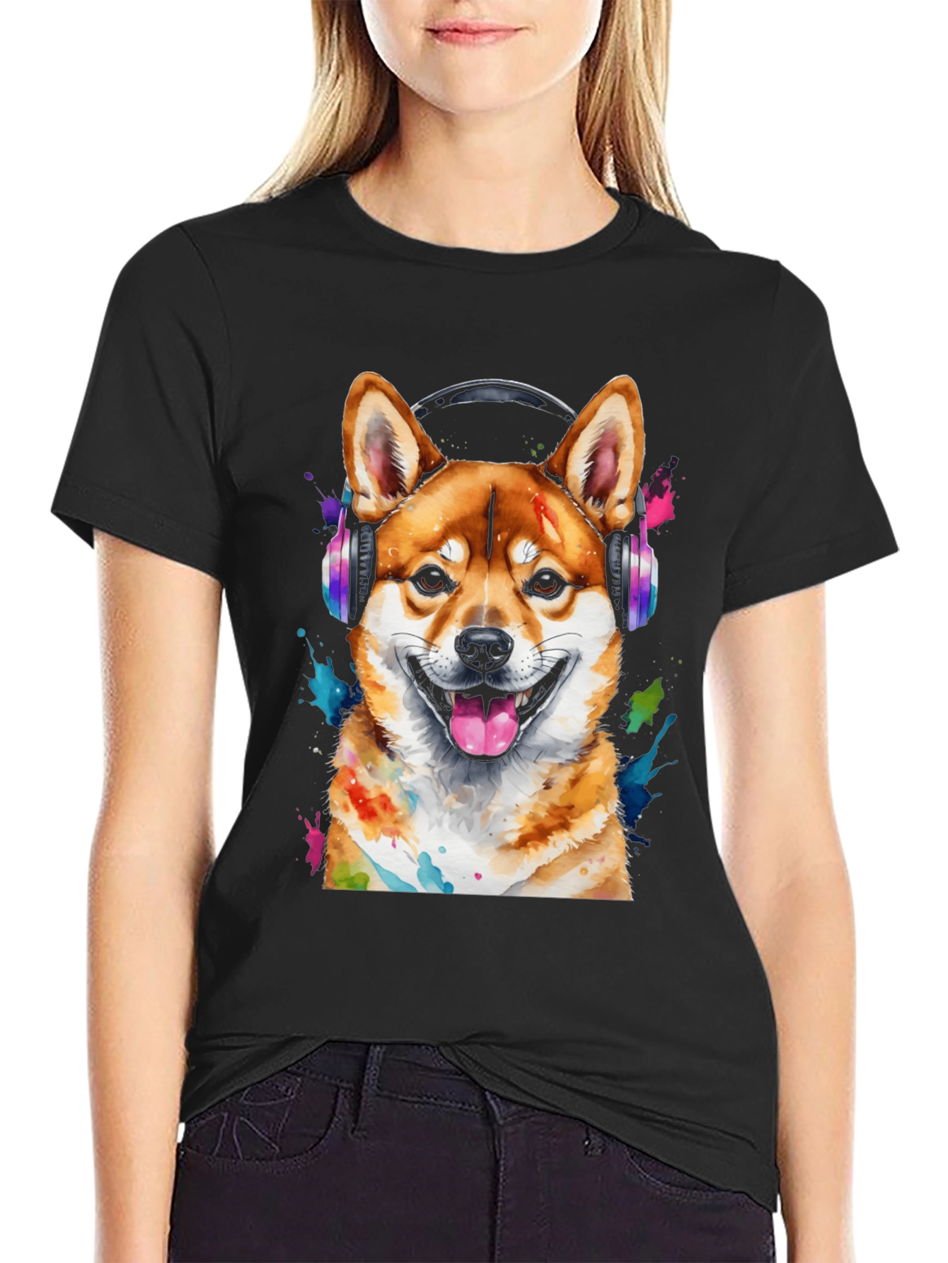 Dog with Headphones Graphic Tee - Shiba Inu Design