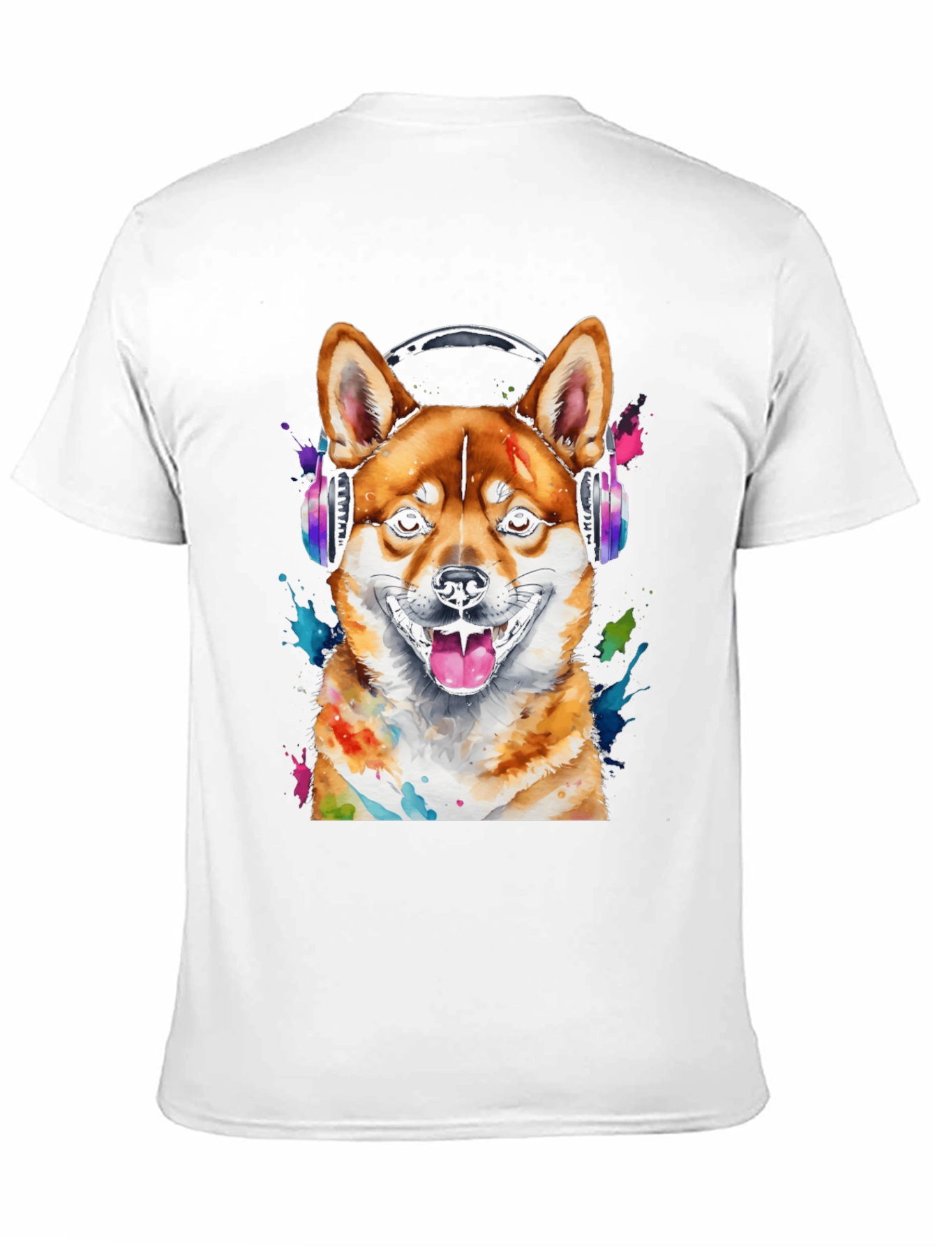 Dog with Headphones Graphic Tee - Shiba Inu Design