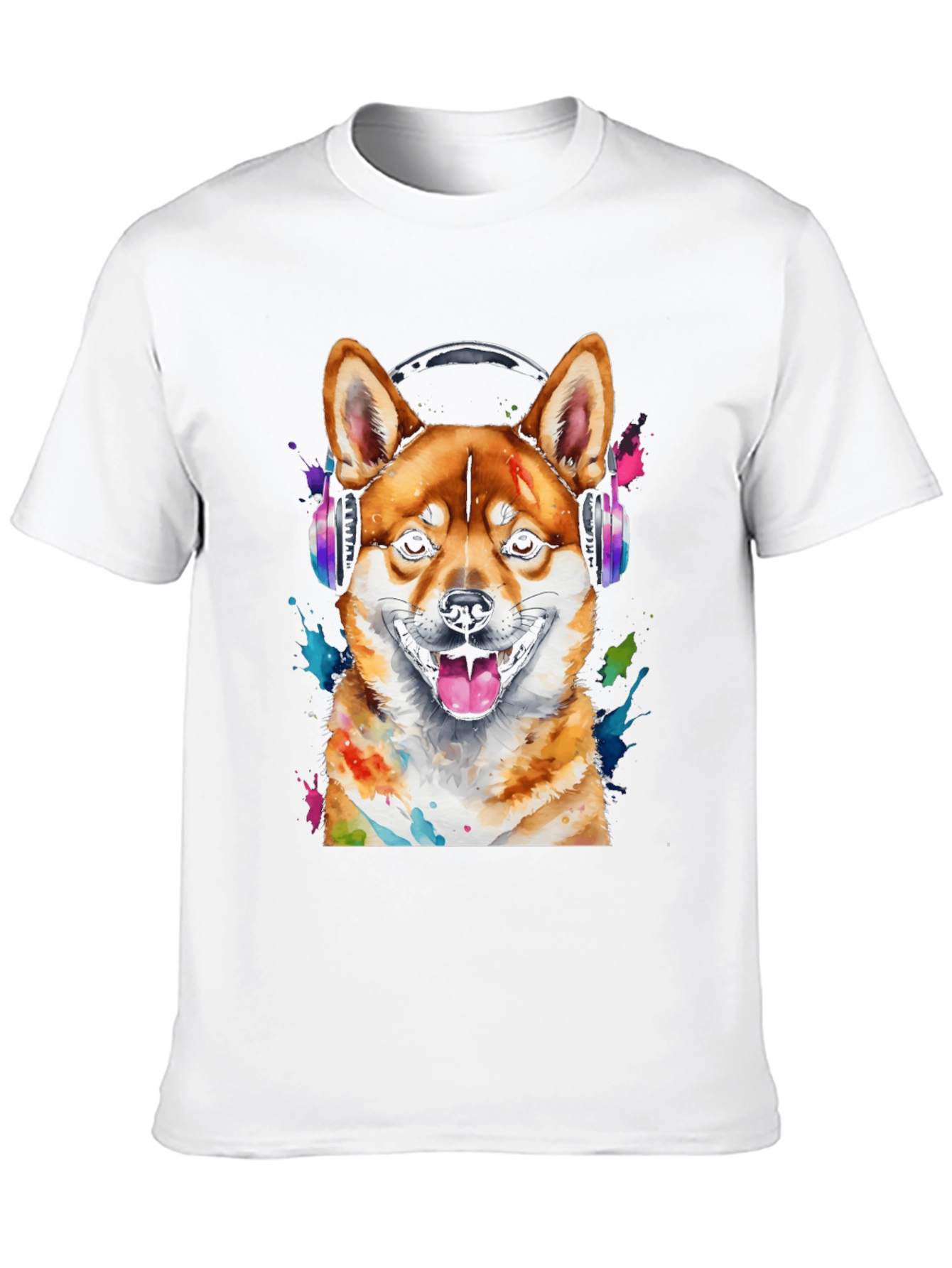 Dog with Headphones Graphic Tee - Shiba Inu Design