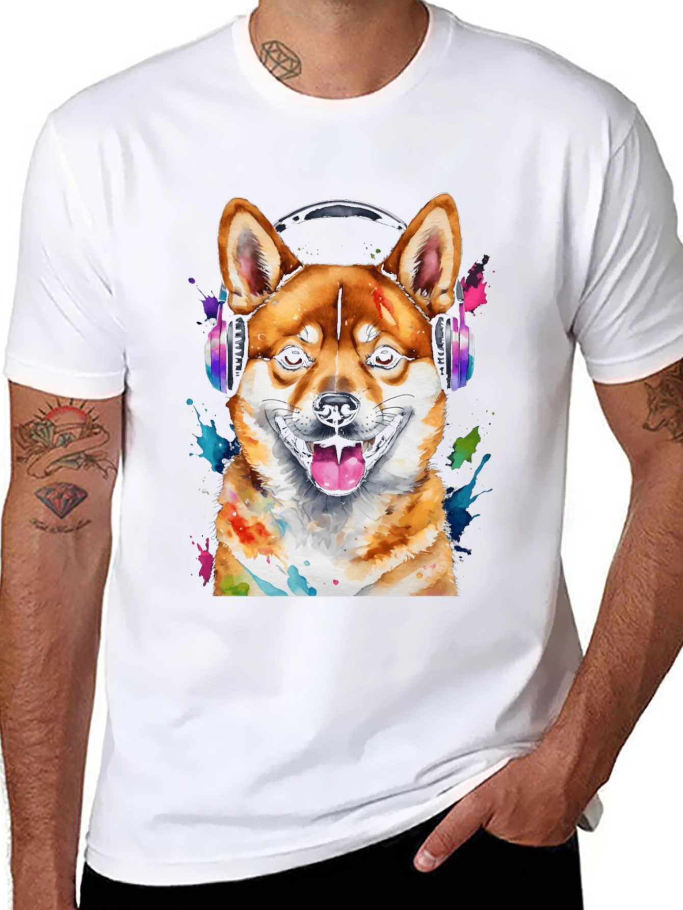 Dog with Headphones Graphic Tee - Shiba Inu Design