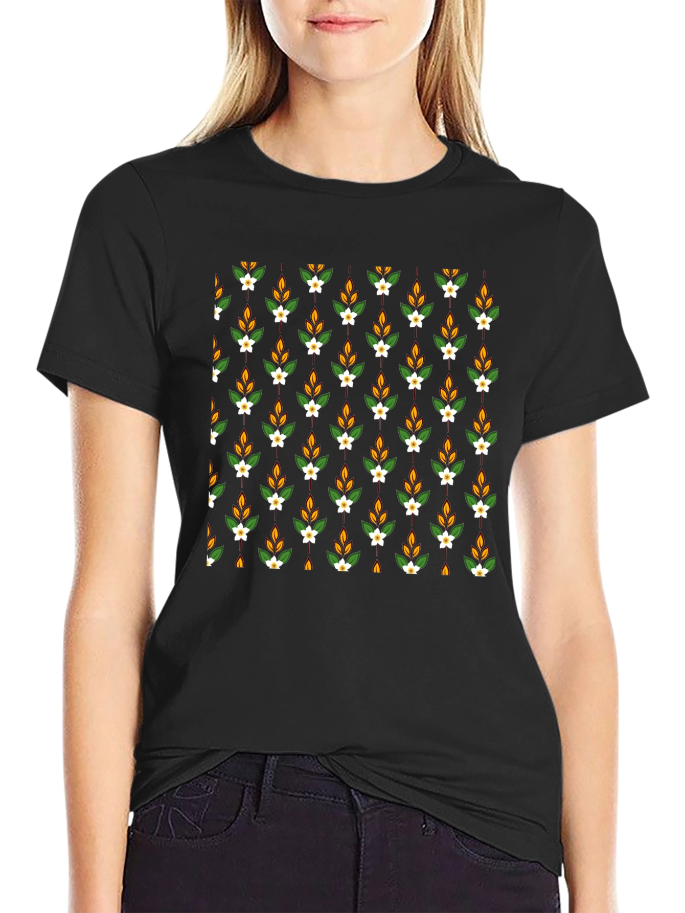 Floral Pattern Black Tee