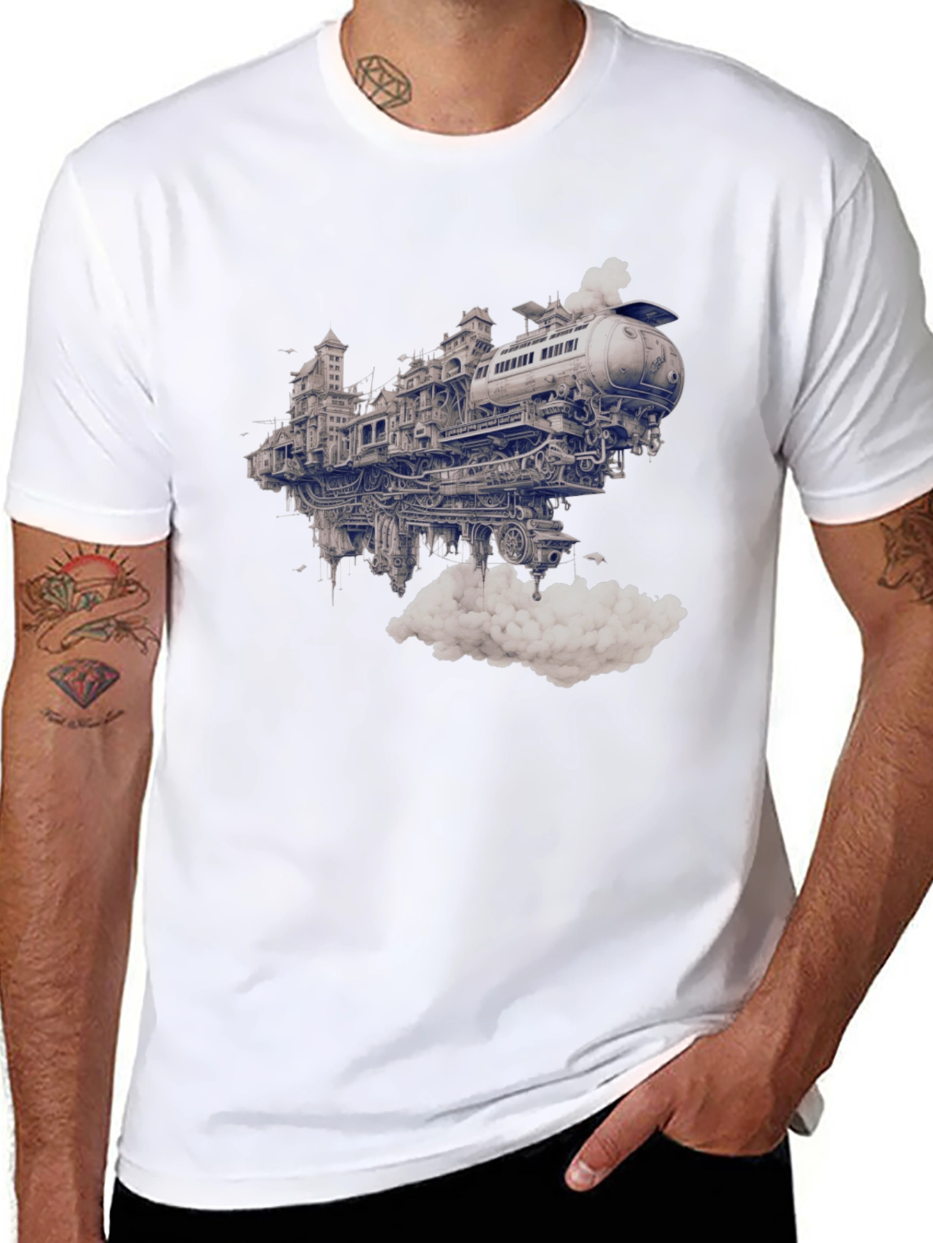 Steampunk Train City Black Graphic Tee