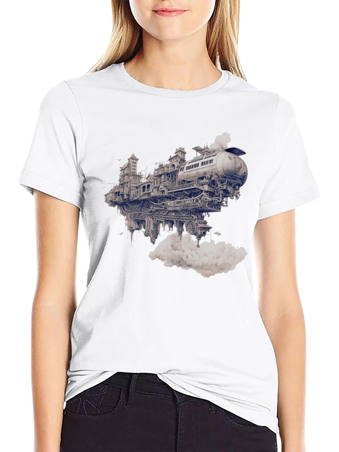 Steampunk Train City Black Graphic Tee