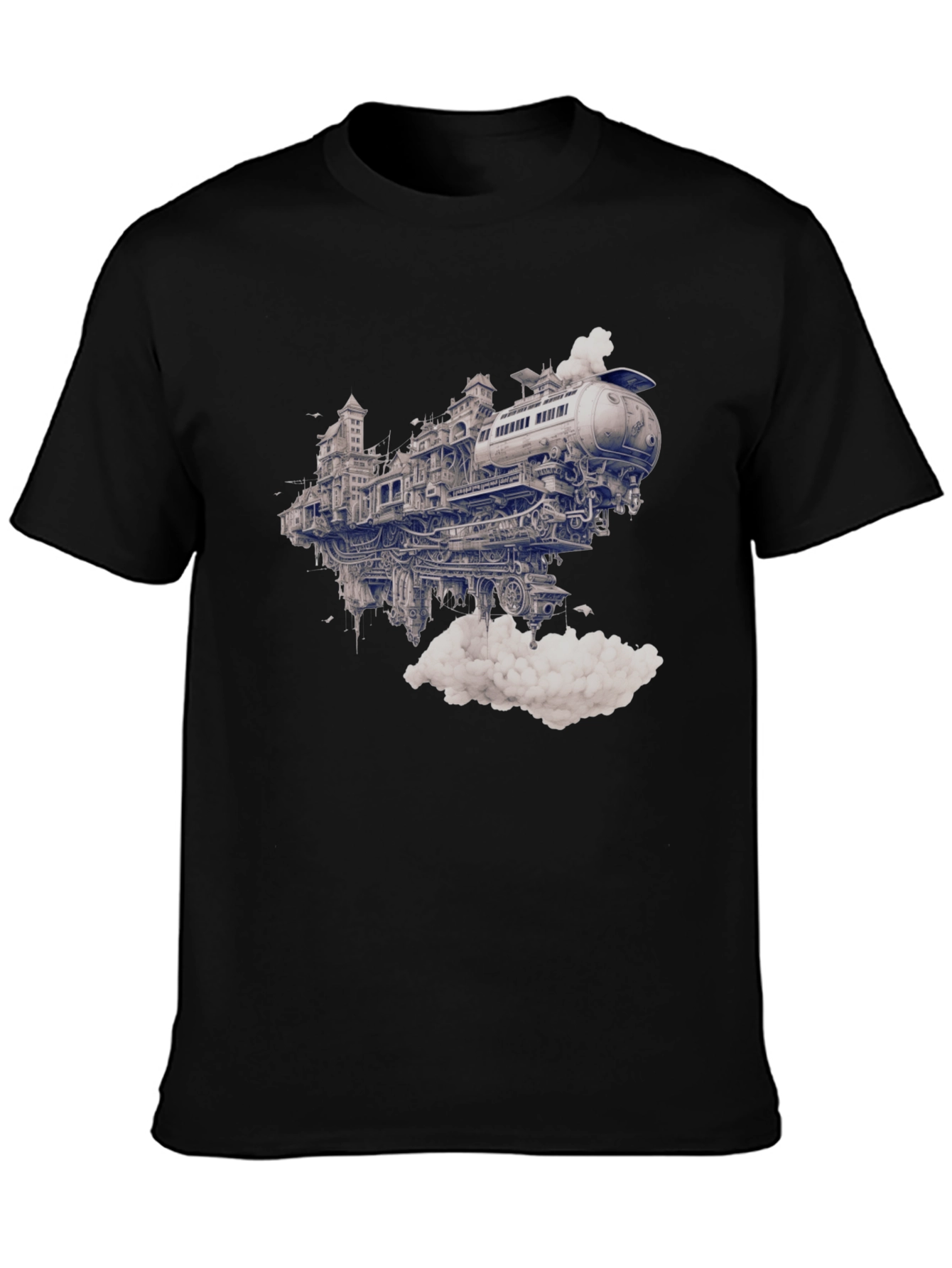 Steampunk Train City Black Graphic Tee