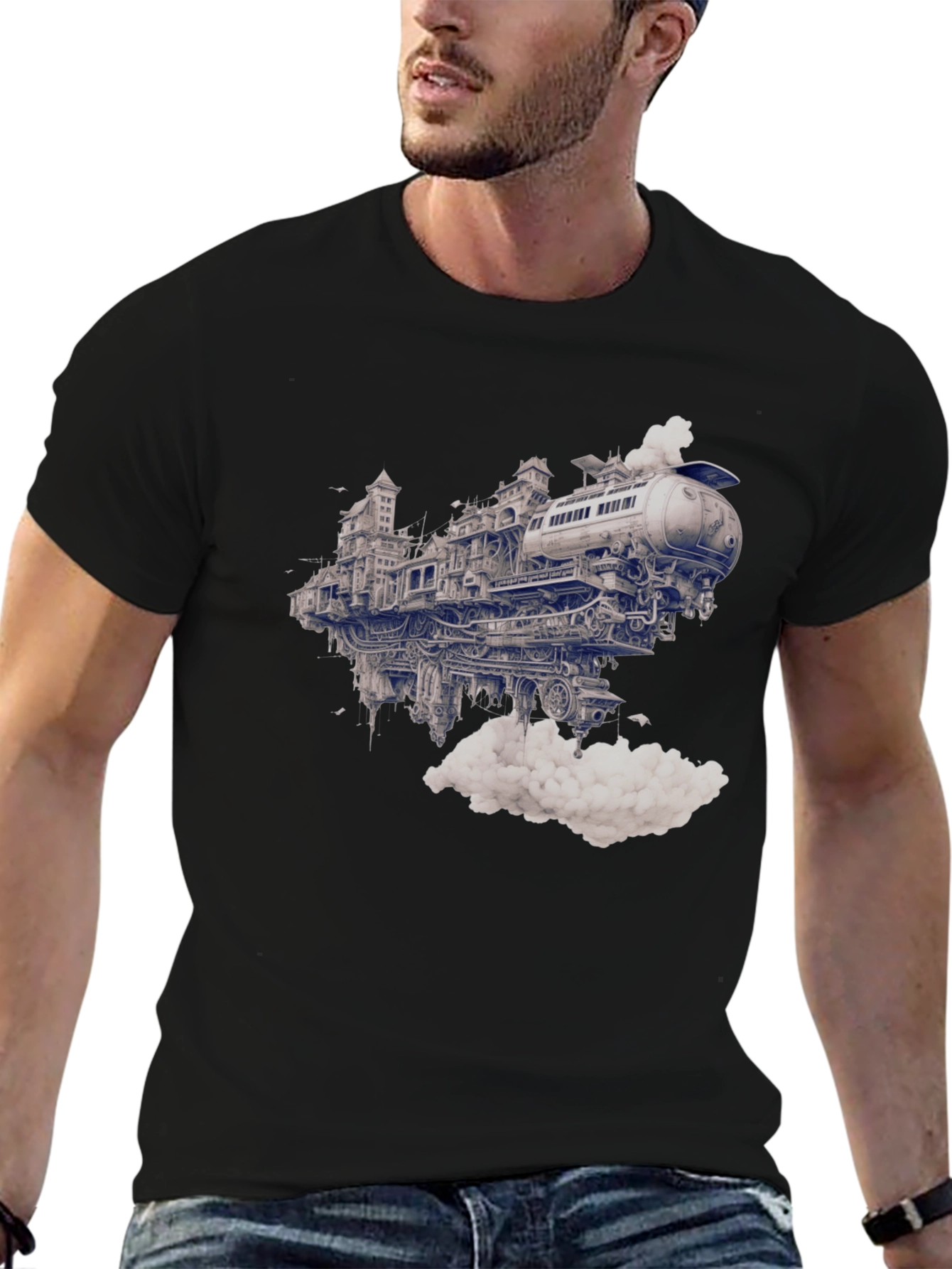 Steampunk Train City Black Graphic Tee