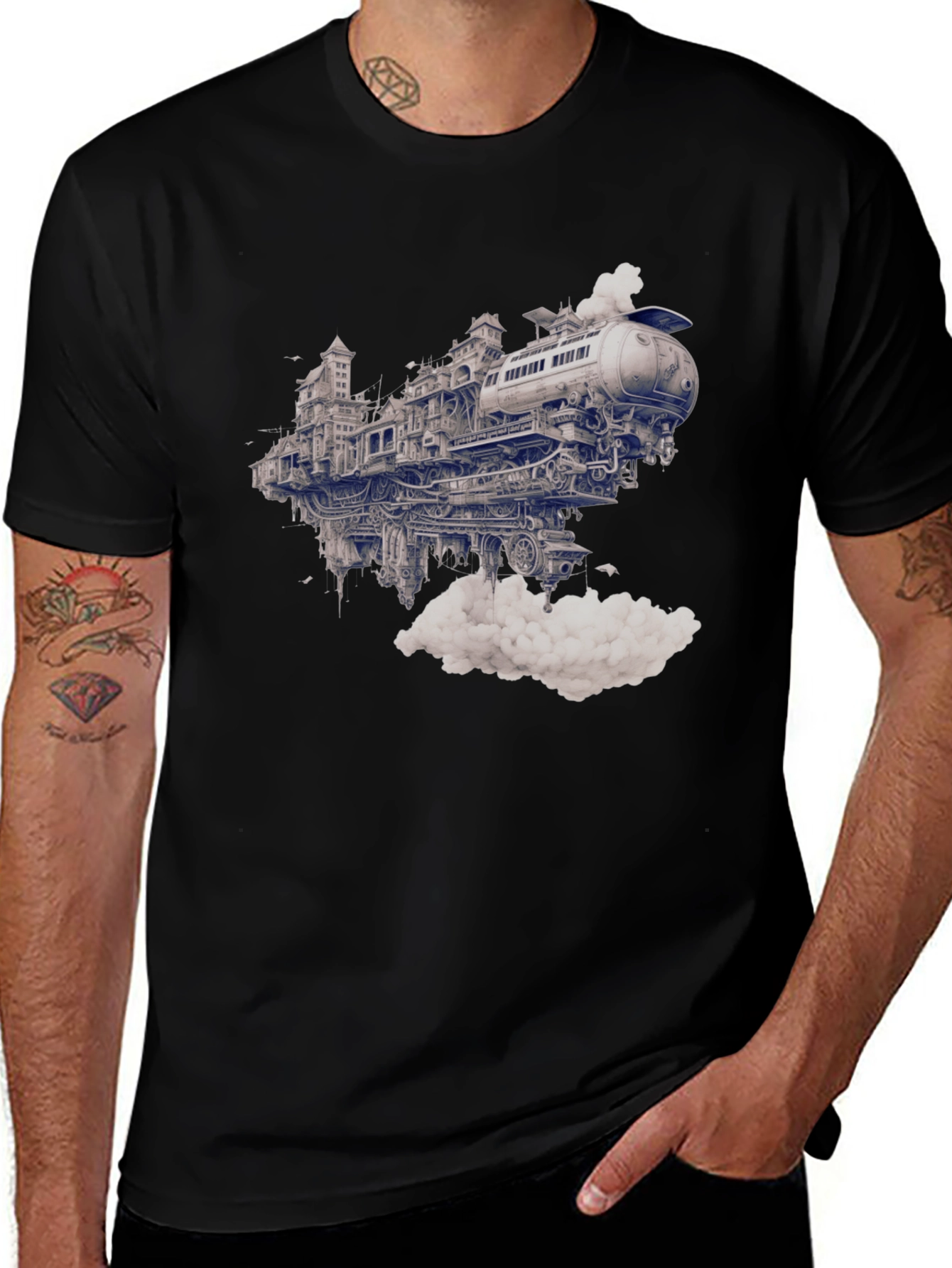 Steampunk Train City Black Graphic Tee