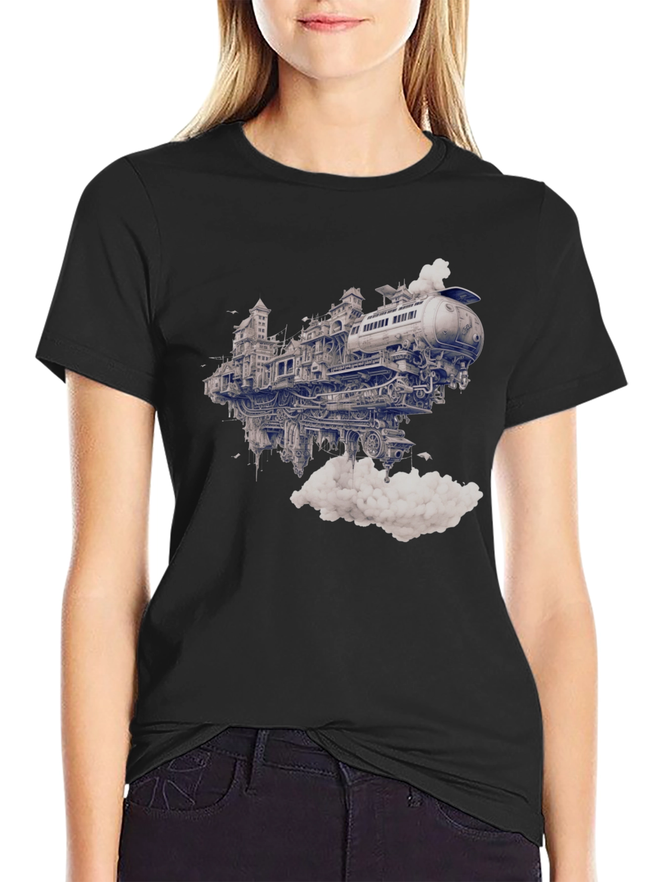 Steampunk Train City Black Graphic Tee