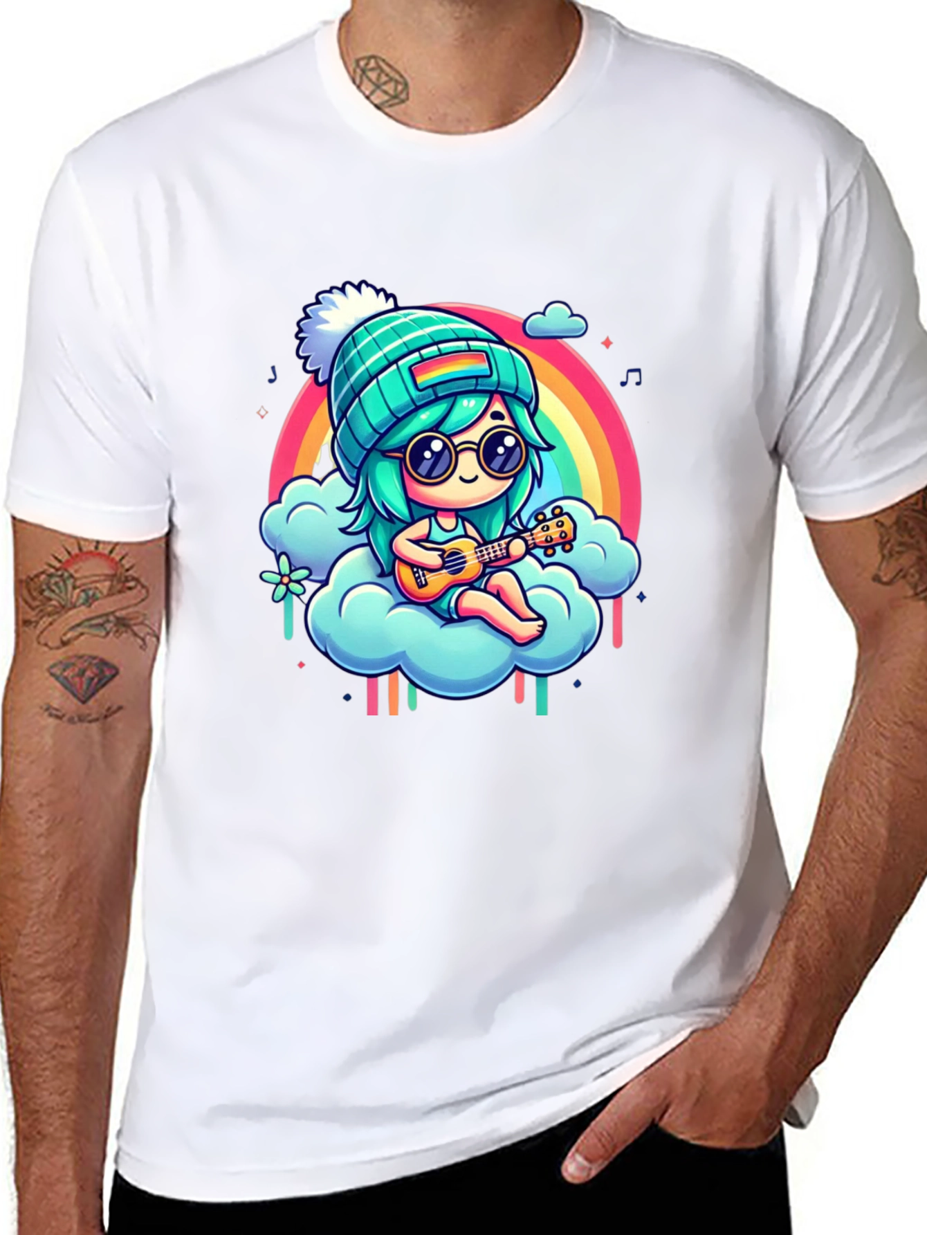 Rainbow Ukulele Girl Black T-Shirt