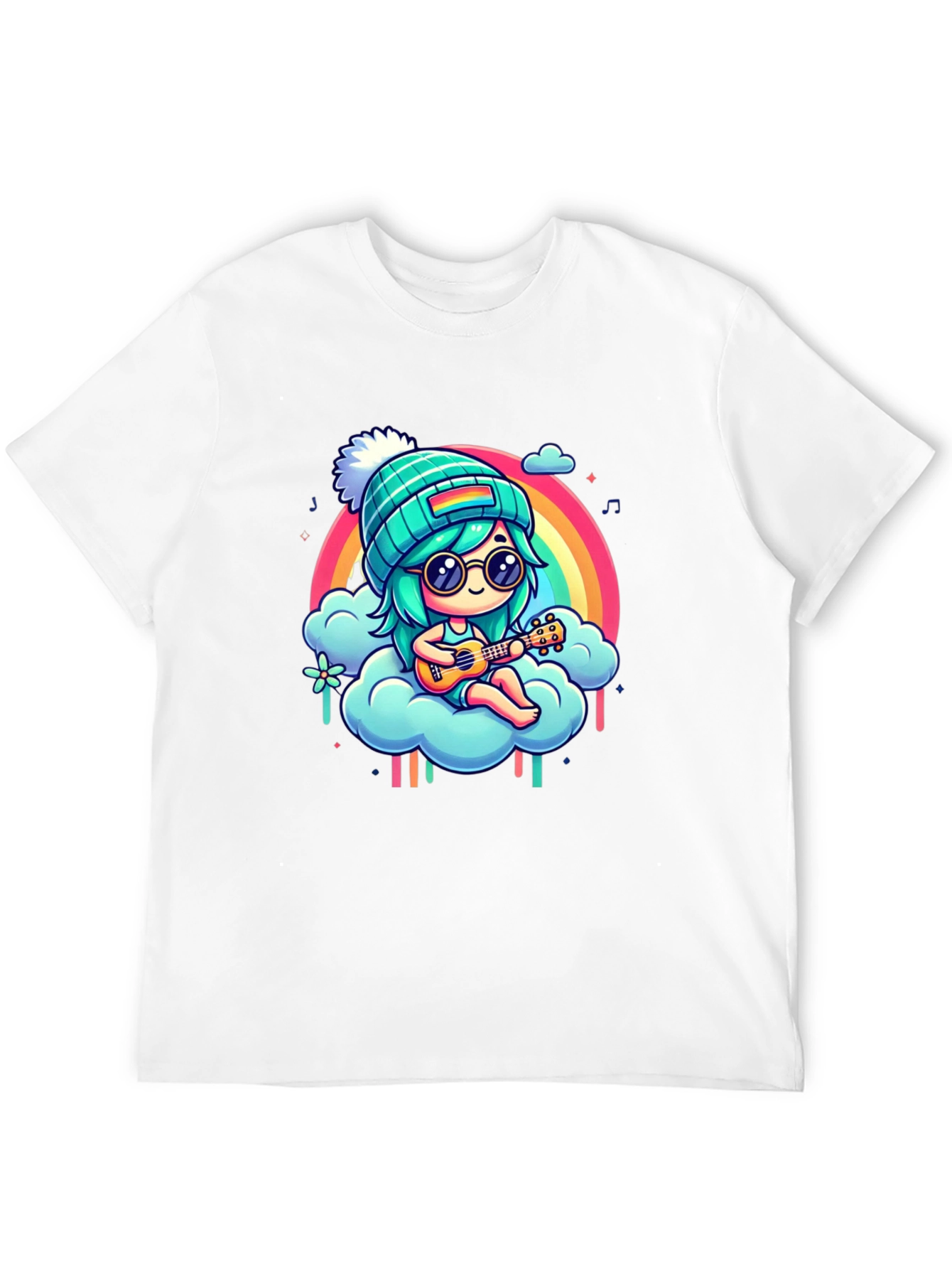 Rainbow Ukulele Girl Black T-Shirt