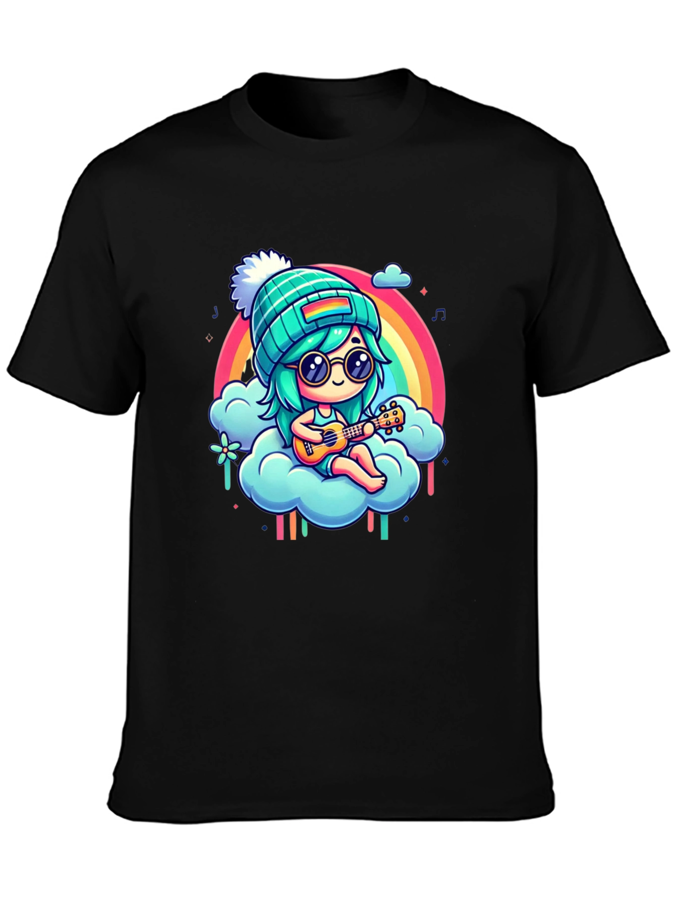 Rainbow Ukulele Girl Black T-Shirt