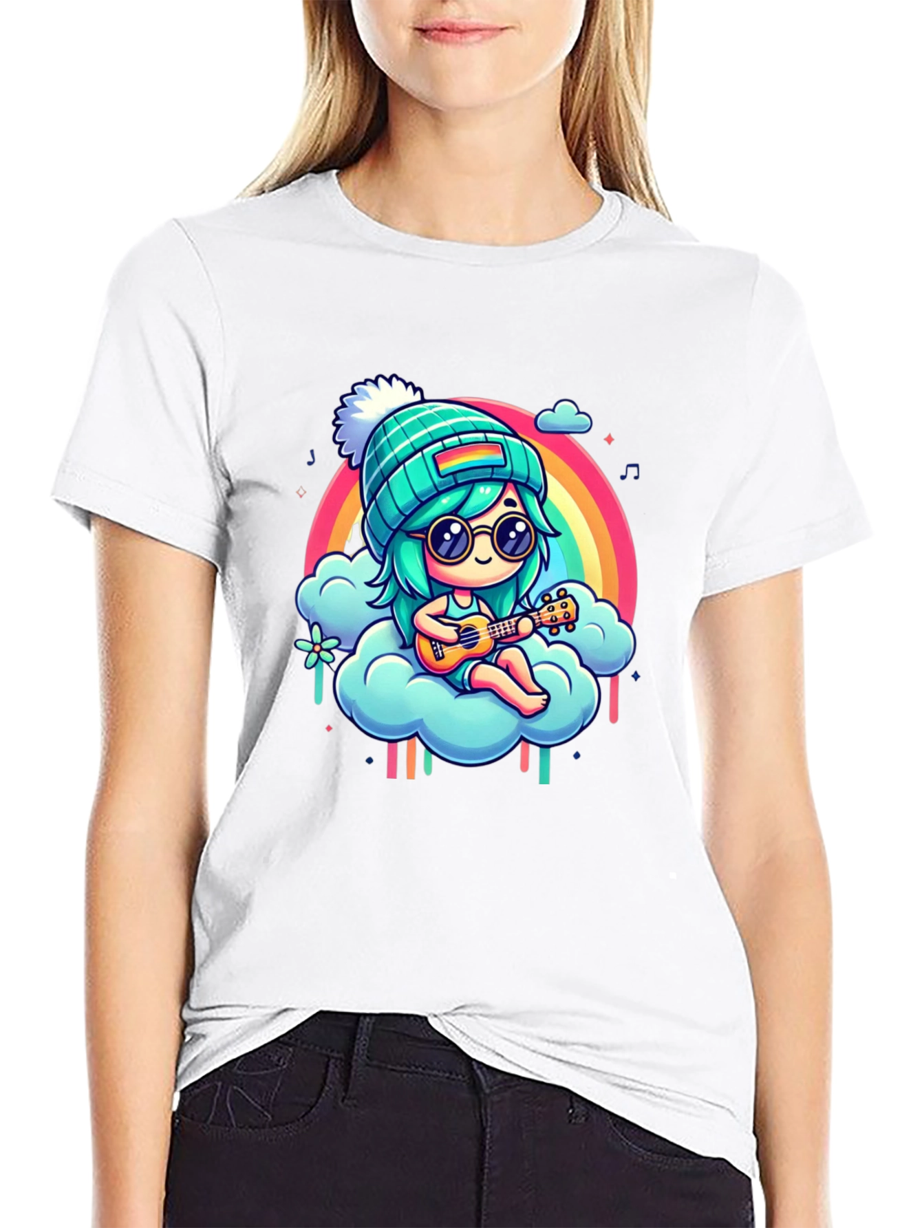 Rainbow Ukulele Girl Black T-Shirt