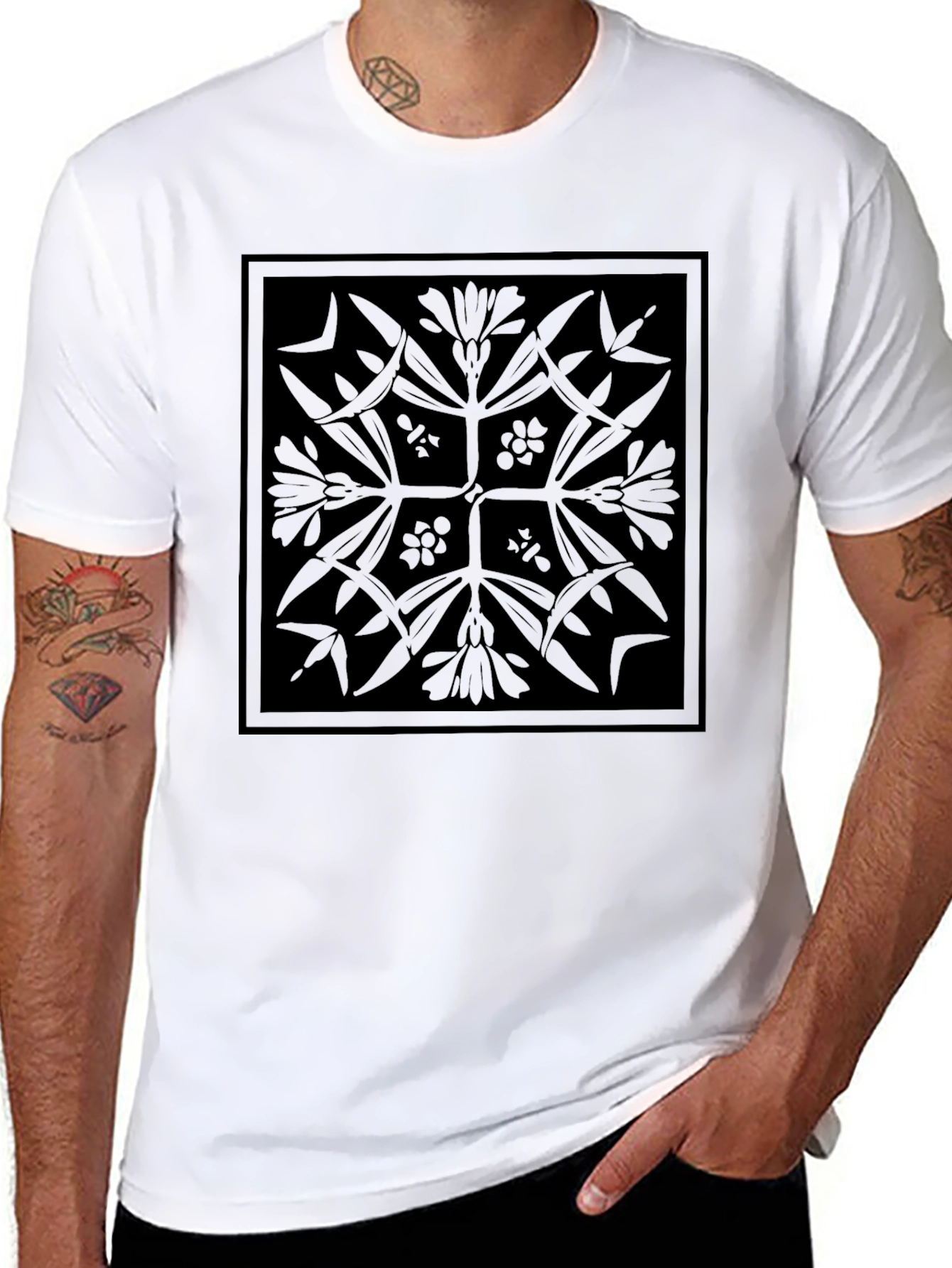 Geometric Floral Print Black T-Shirt