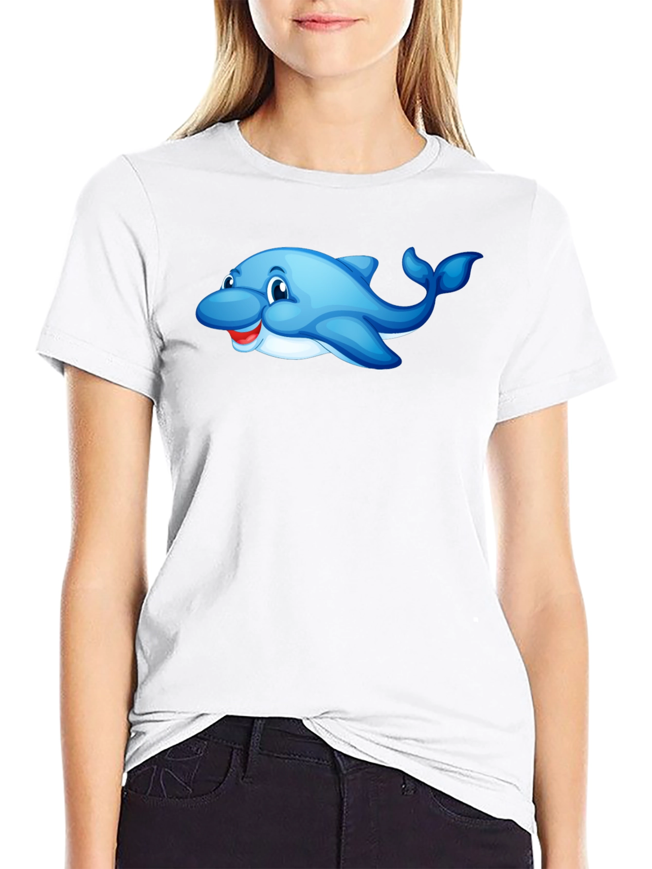 Cheerful Dolphin Graphic Tee - Black Cotton Comfort