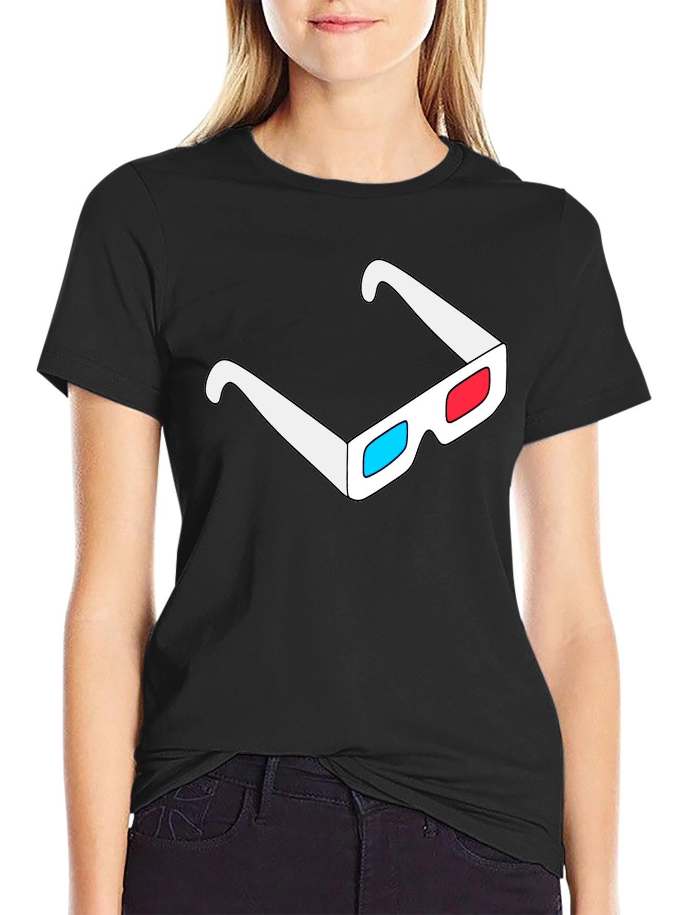 Retro 3D Glasses Graphic Tee - Black Cotton Casual