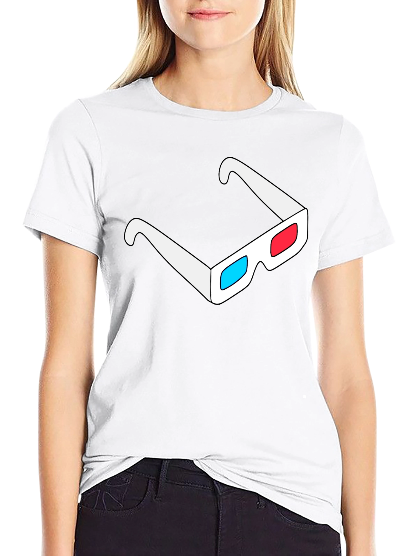 Retro 3D Glasses Graphic Tee - Black Cotton Casual