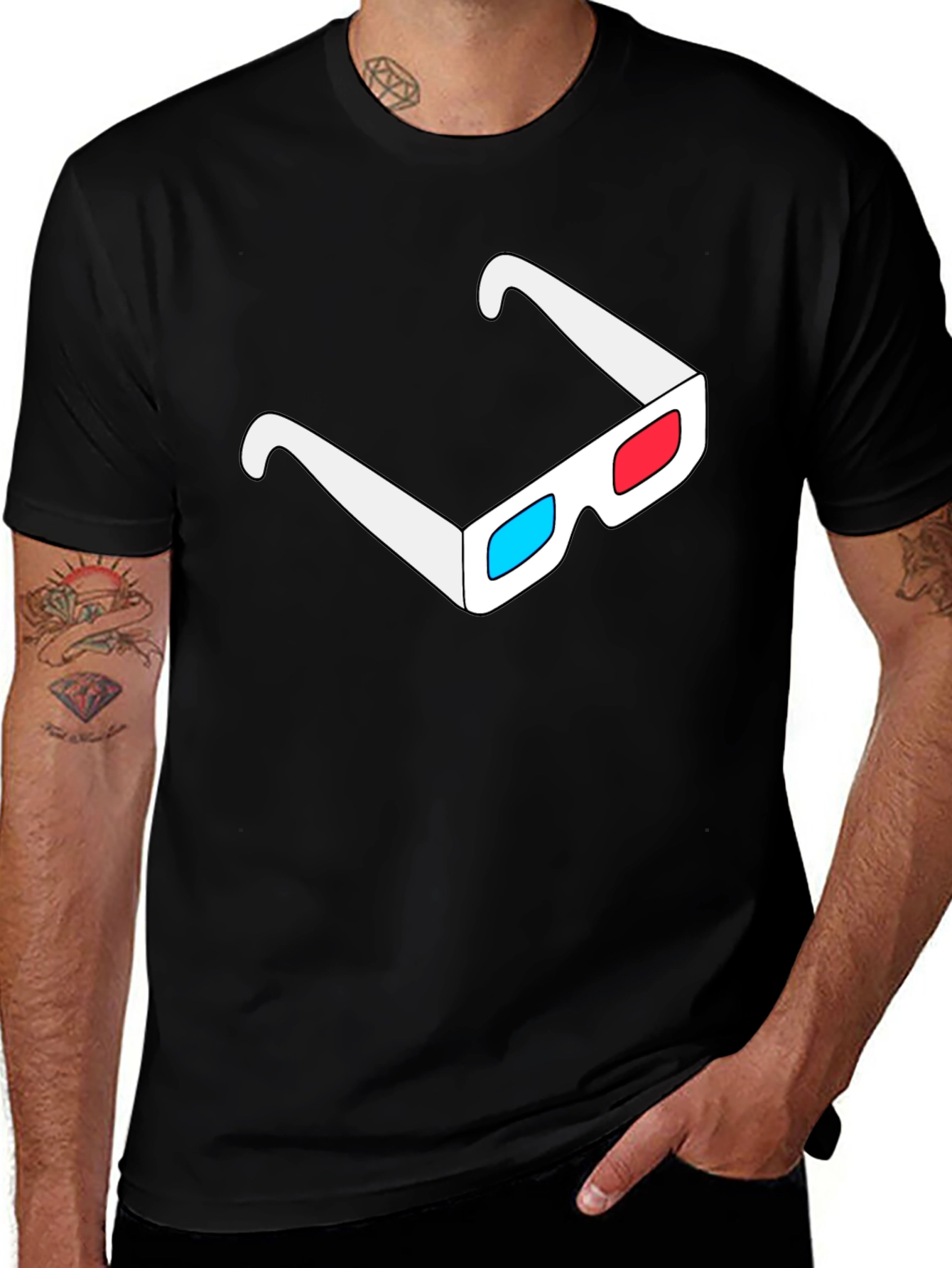 Retro 3D Glasses Graphic Tee - Black Cotton Casual