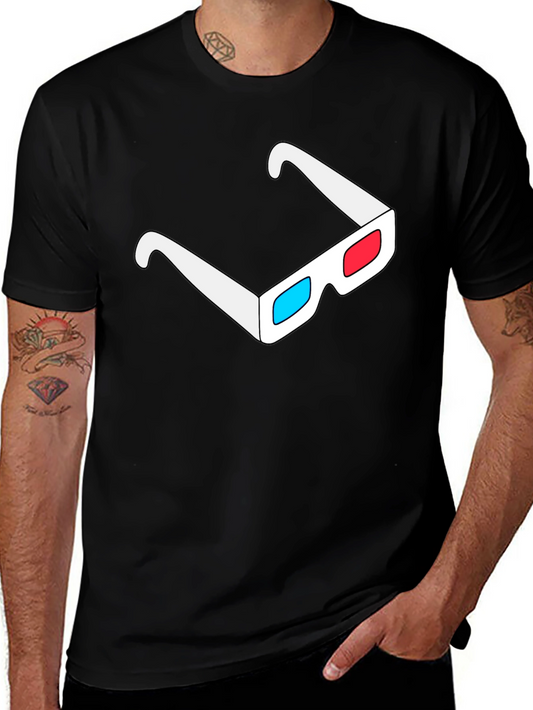 Retro 3D Glasses Graphic Tee - Black Cotton Casual