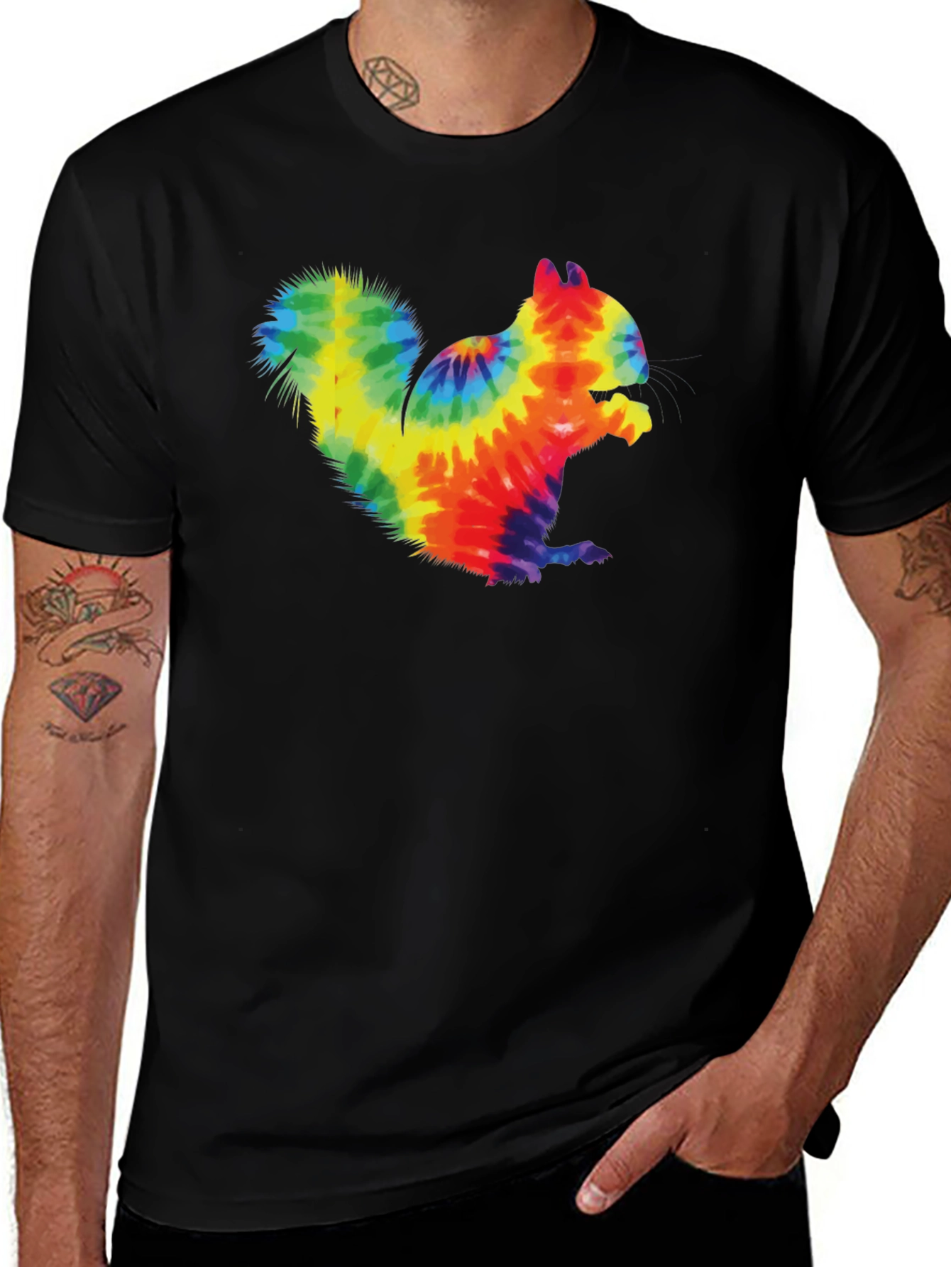 Tie Dye Squirrel Graphic T-Shirt - Casual Black Tee