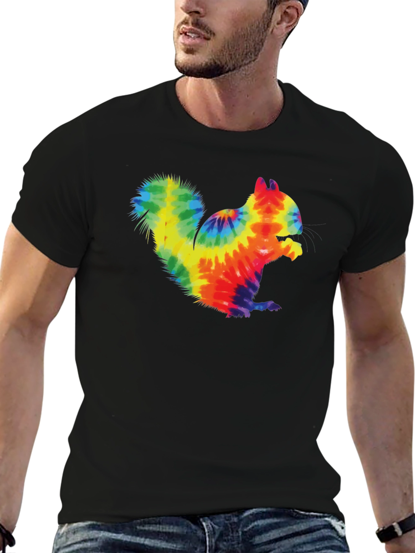 Tie Dye Squirrel Graphic T-Shirt - Casual Black Tee