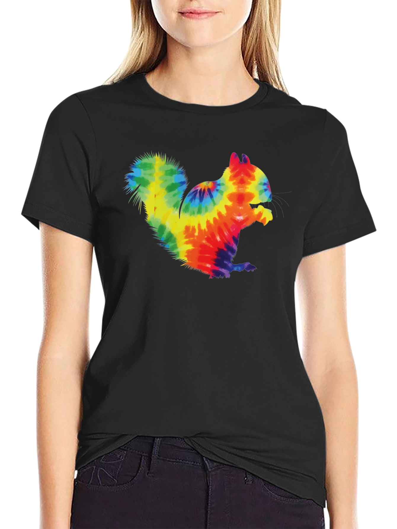Tie Dye Squirrel Graphic T-Shirt - Casual Black Tee
