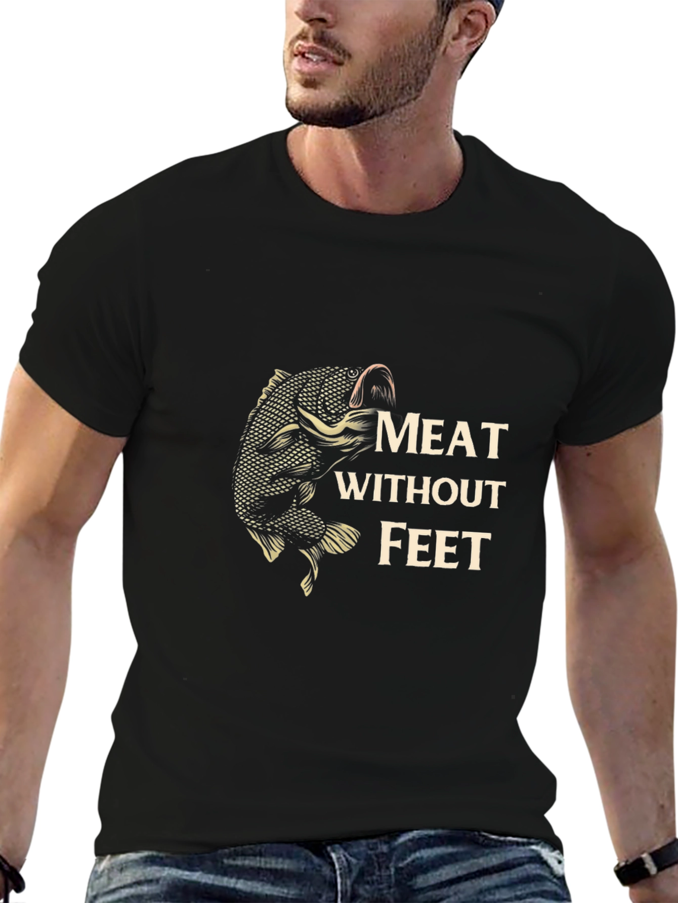 Meat Without Feet Black T-Shirt - Fishing Humor