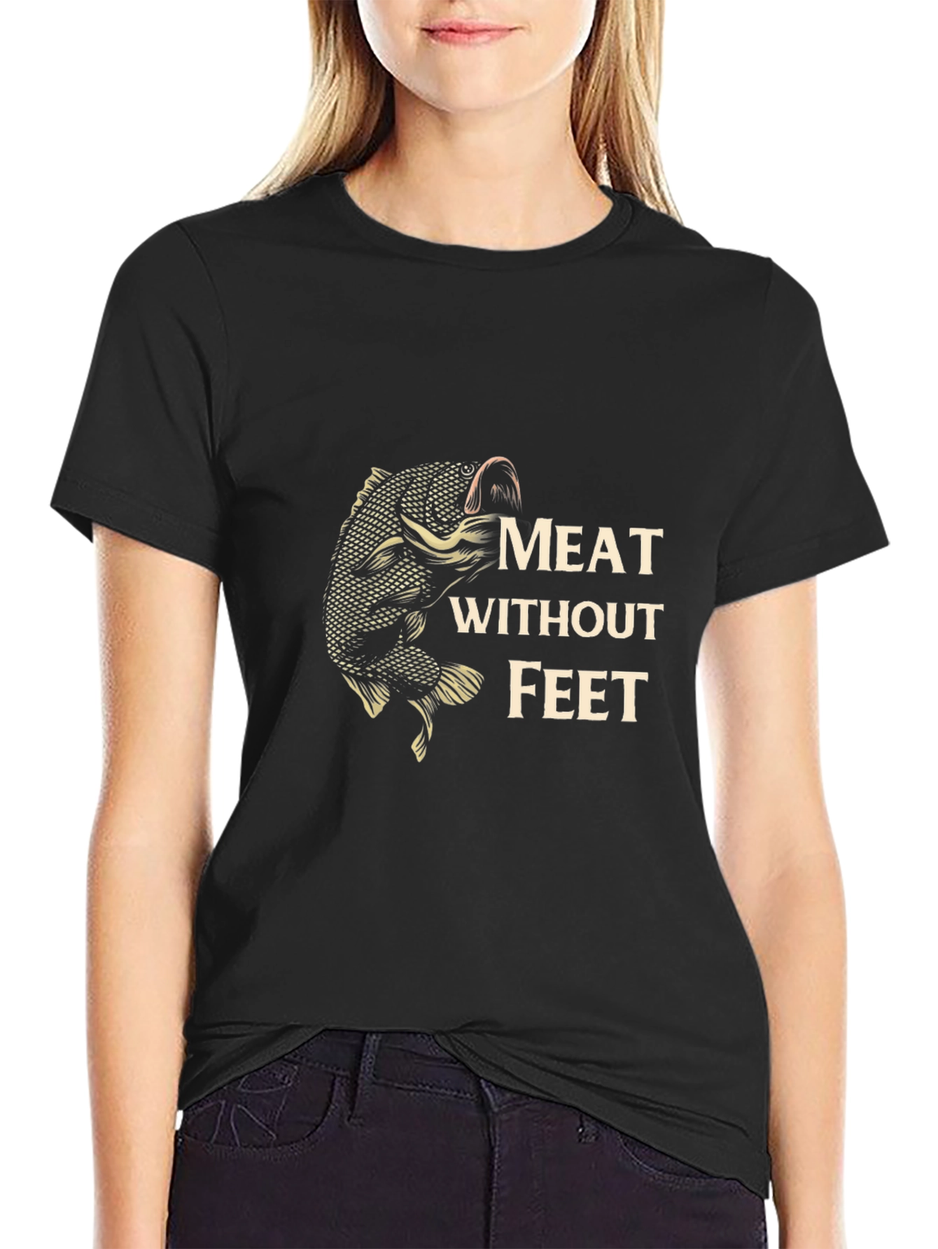 Meat Without Feet Black T-Shirt - Fishing Humor